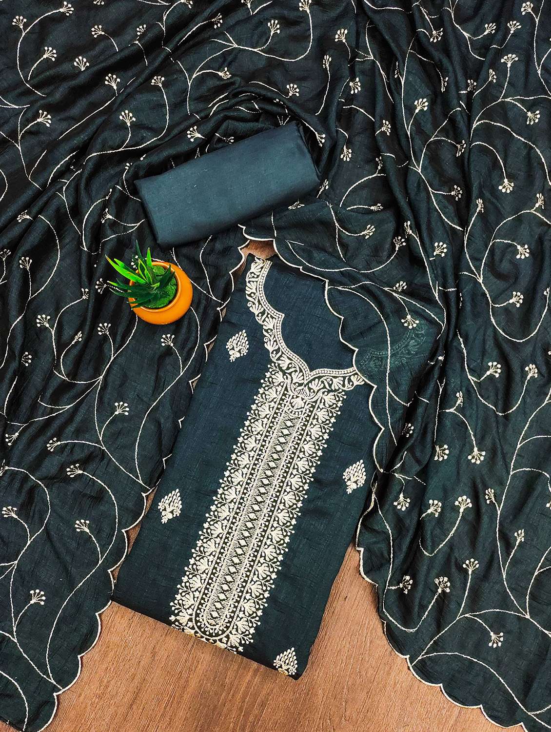 women solid with work unstitched suit set