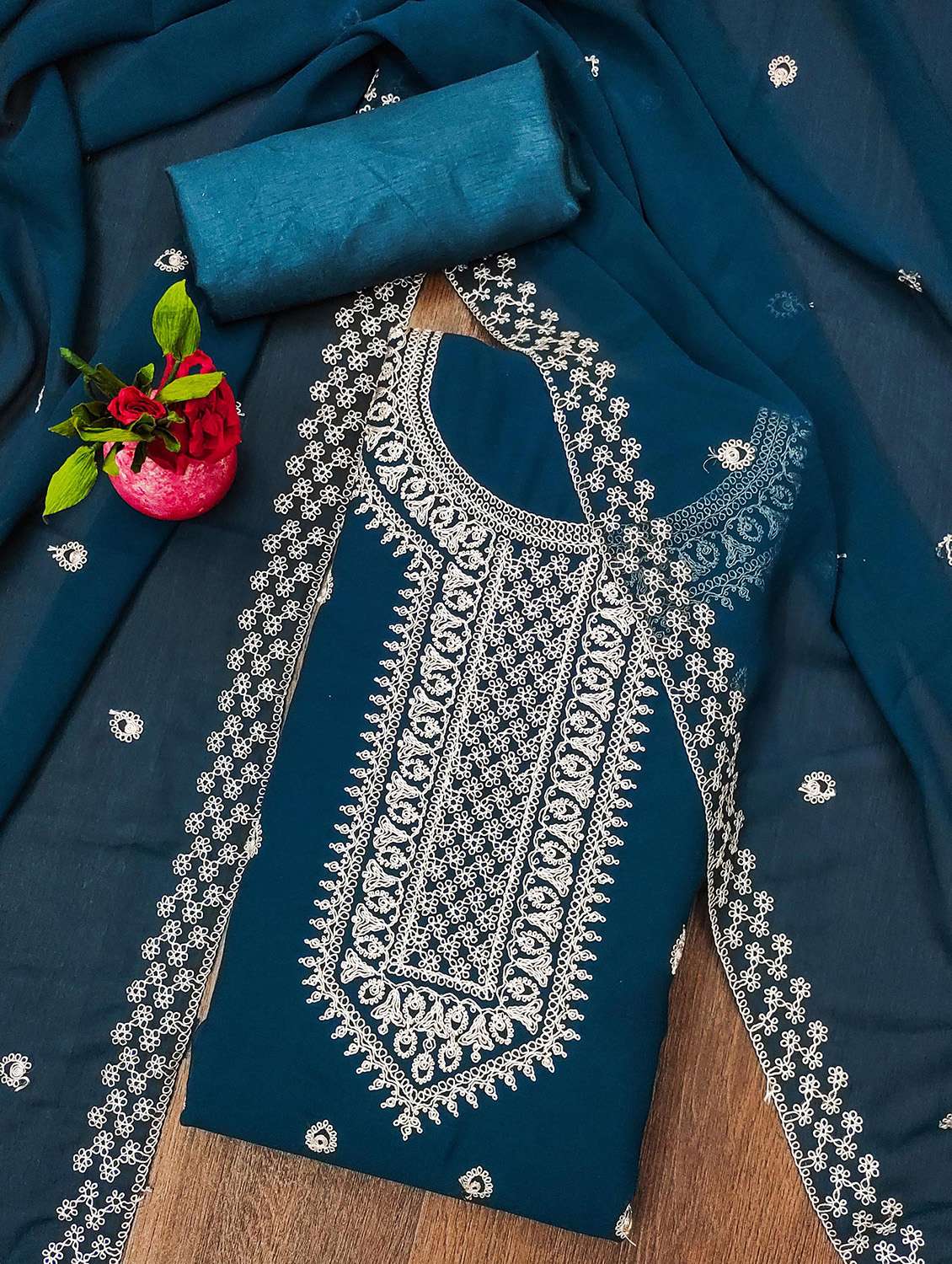 women solid with work unstitched suit set