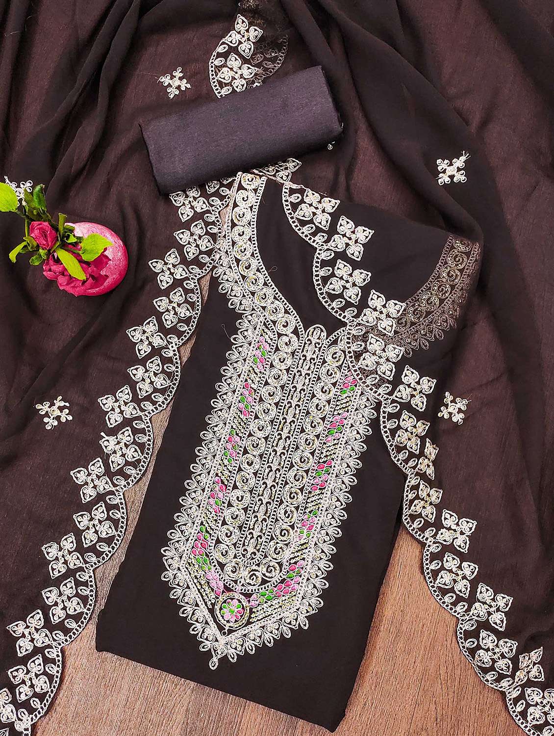 women solid with work unstitched suit set