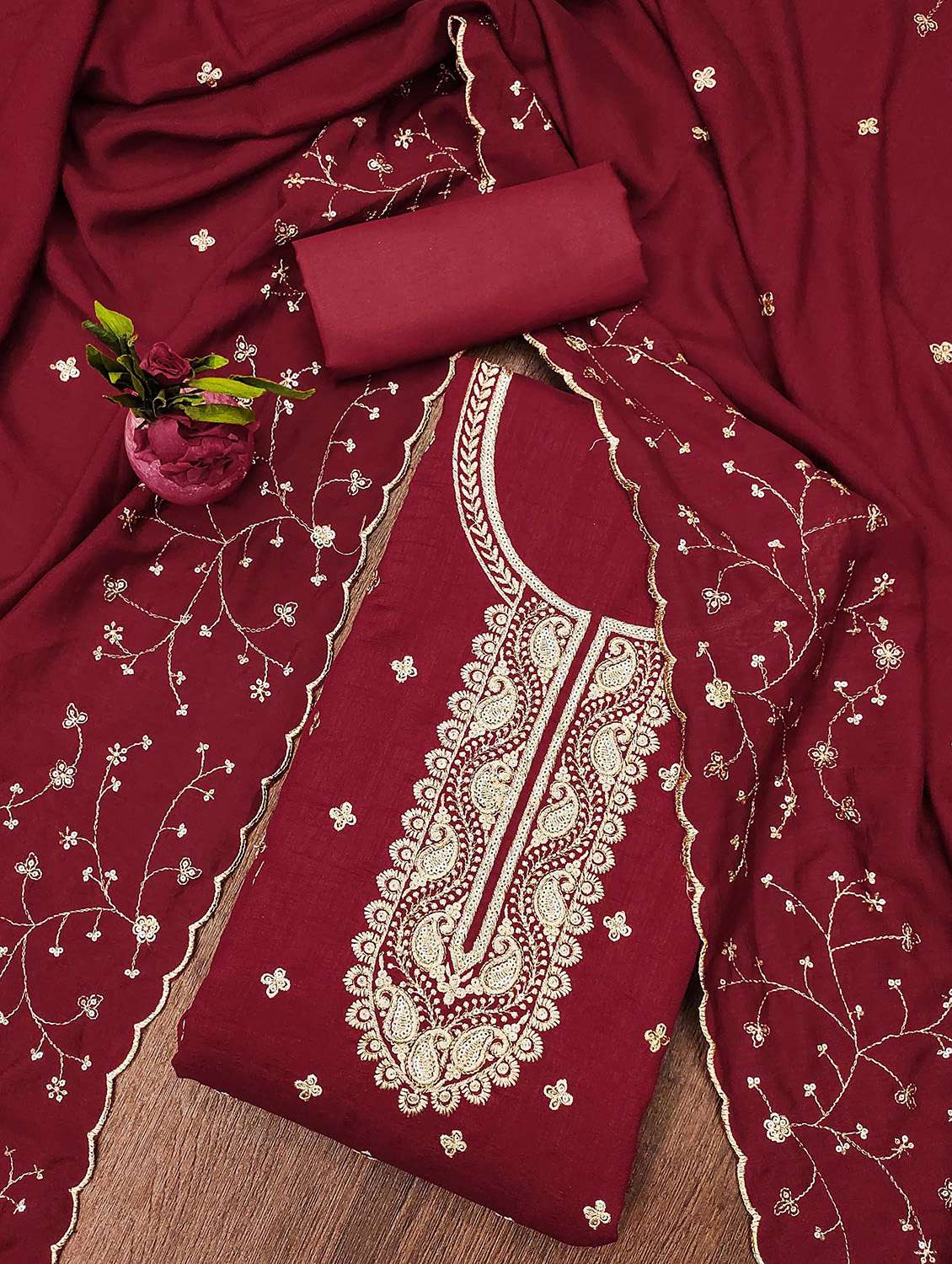 women solid with work unstitched suit set