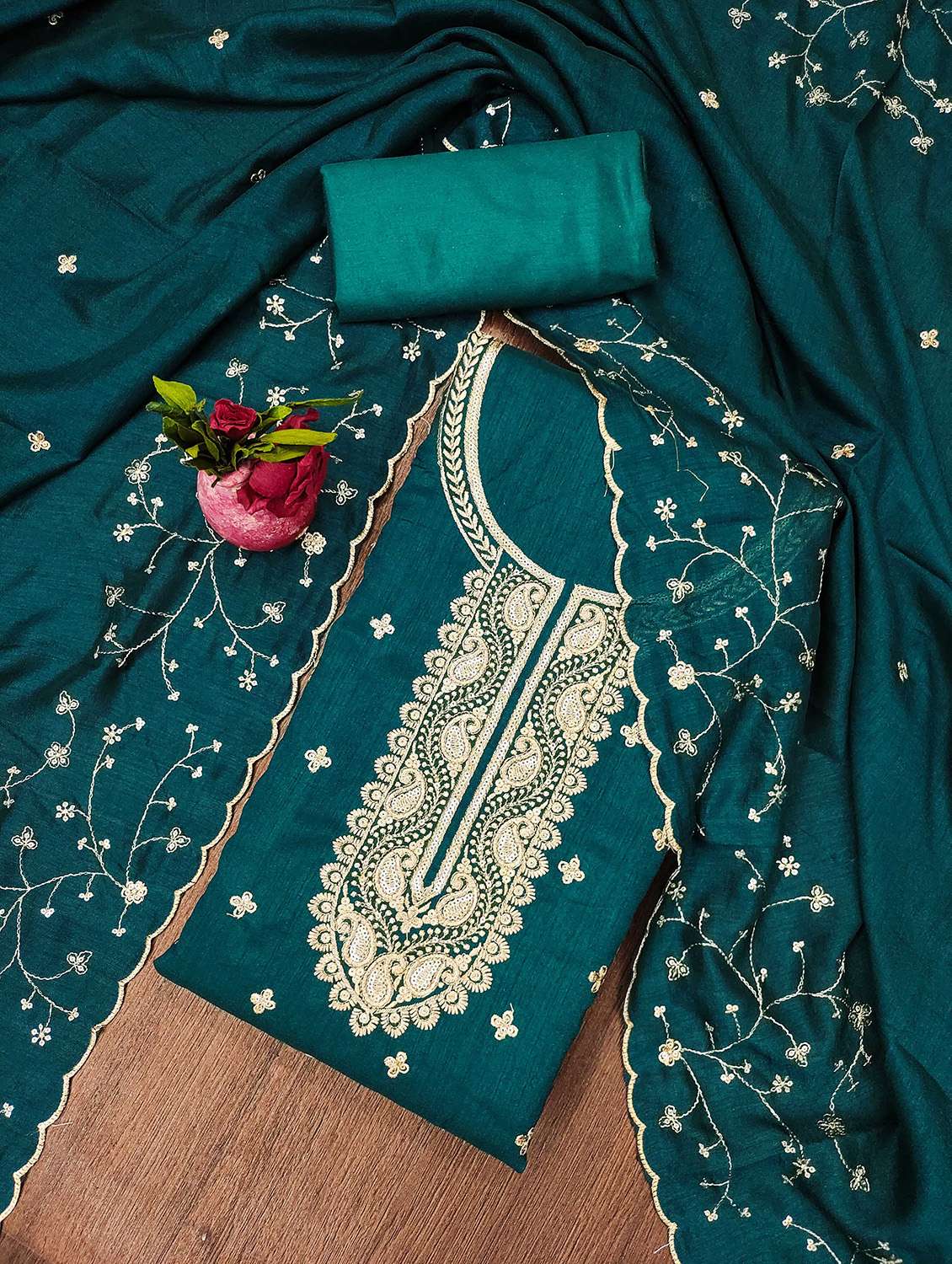 women solid with work unstitched suit set