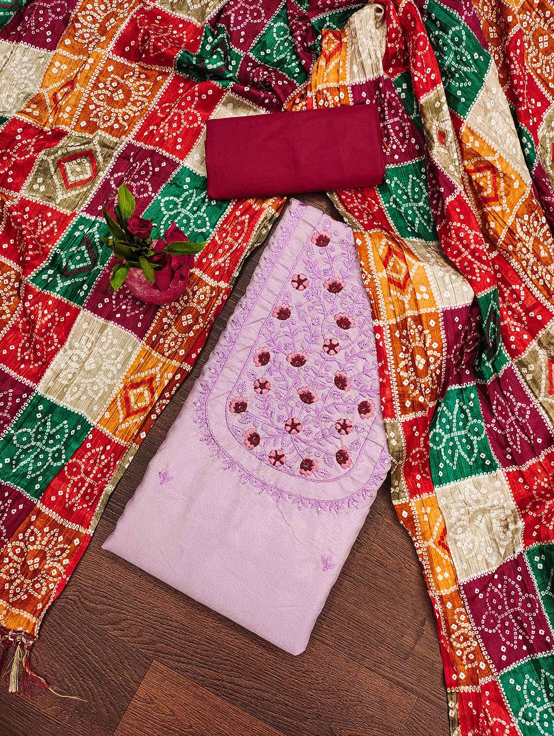 women solid with work unstitched suit set