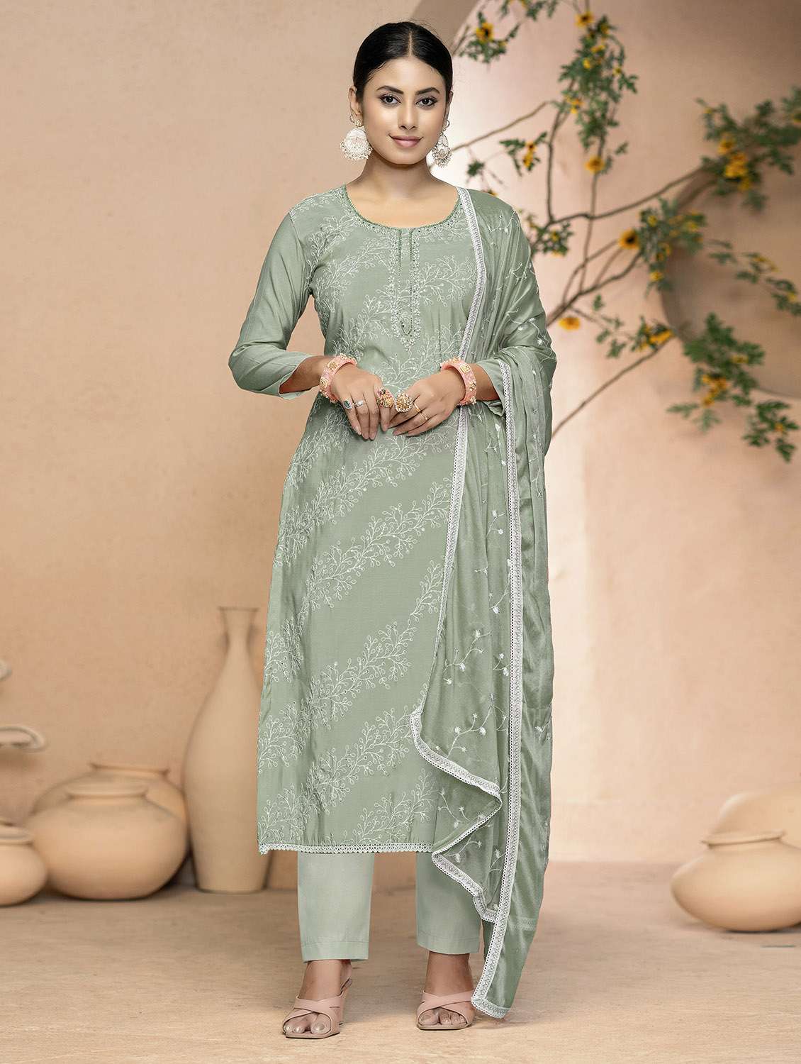 women solid with work unstitched suit set