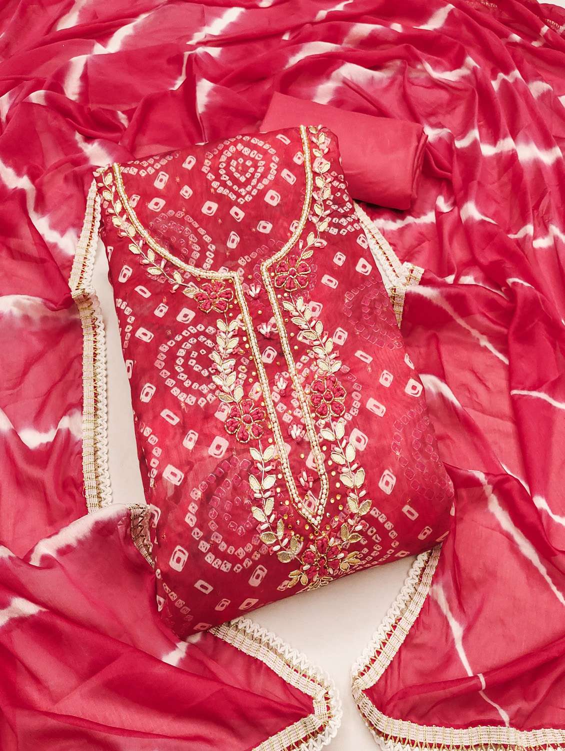 women bandhani printed unstitched suit set
