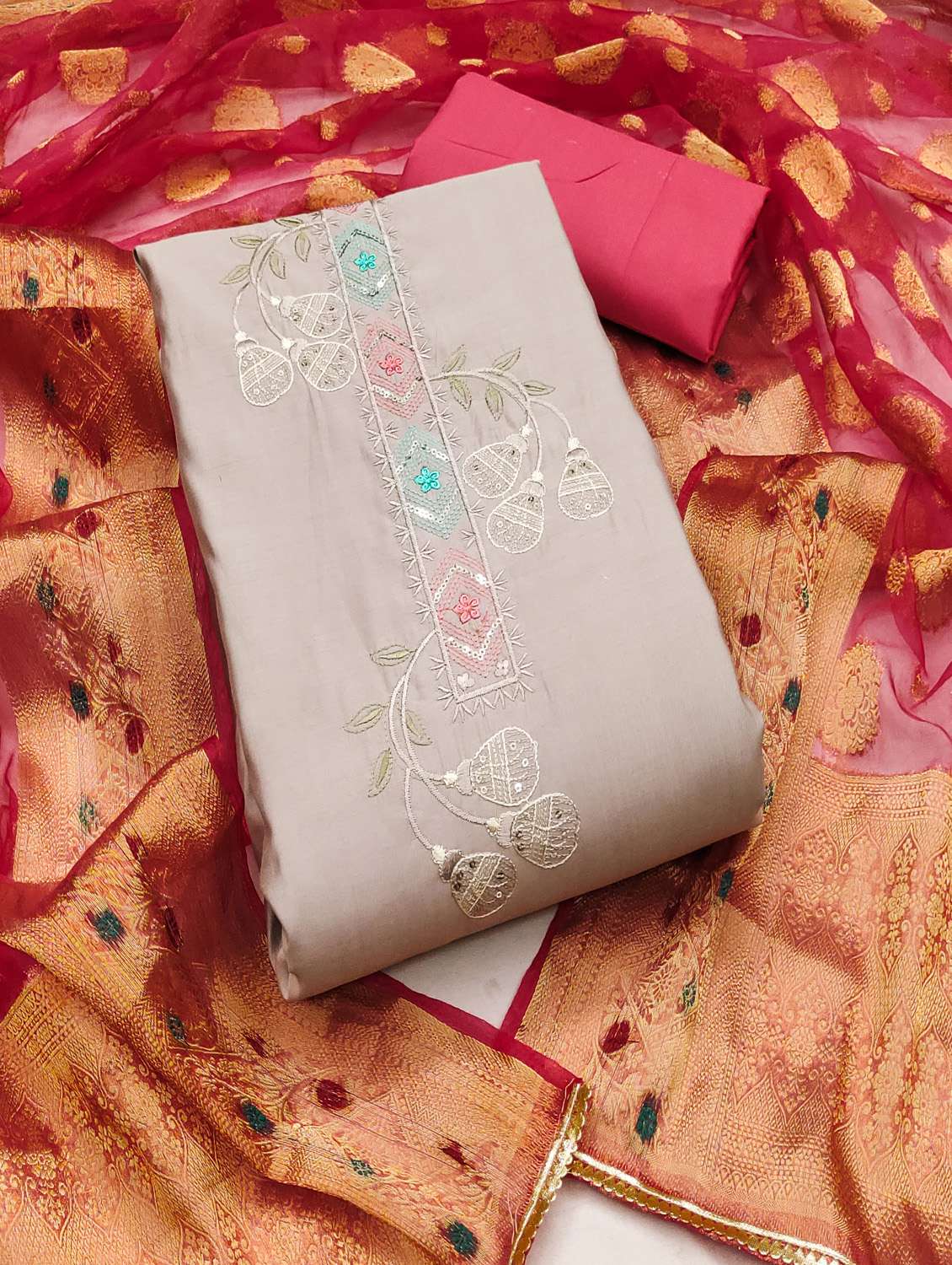 women solid with work unstitched suit set