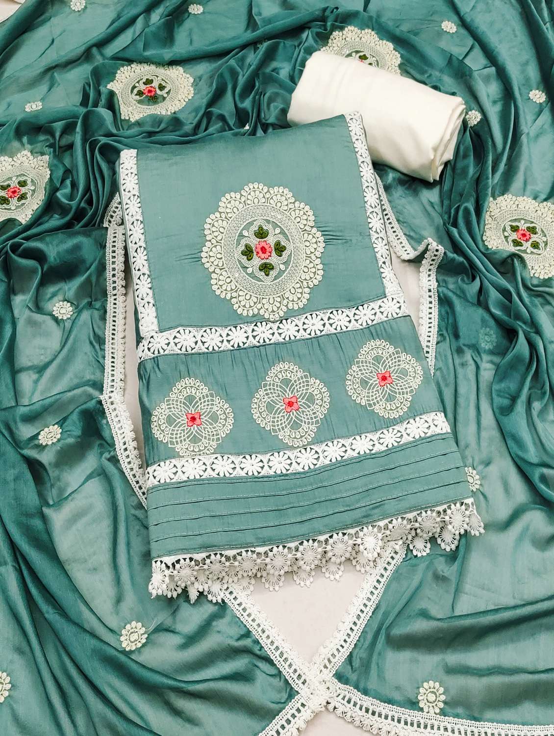 women solid with work unstitched suit set