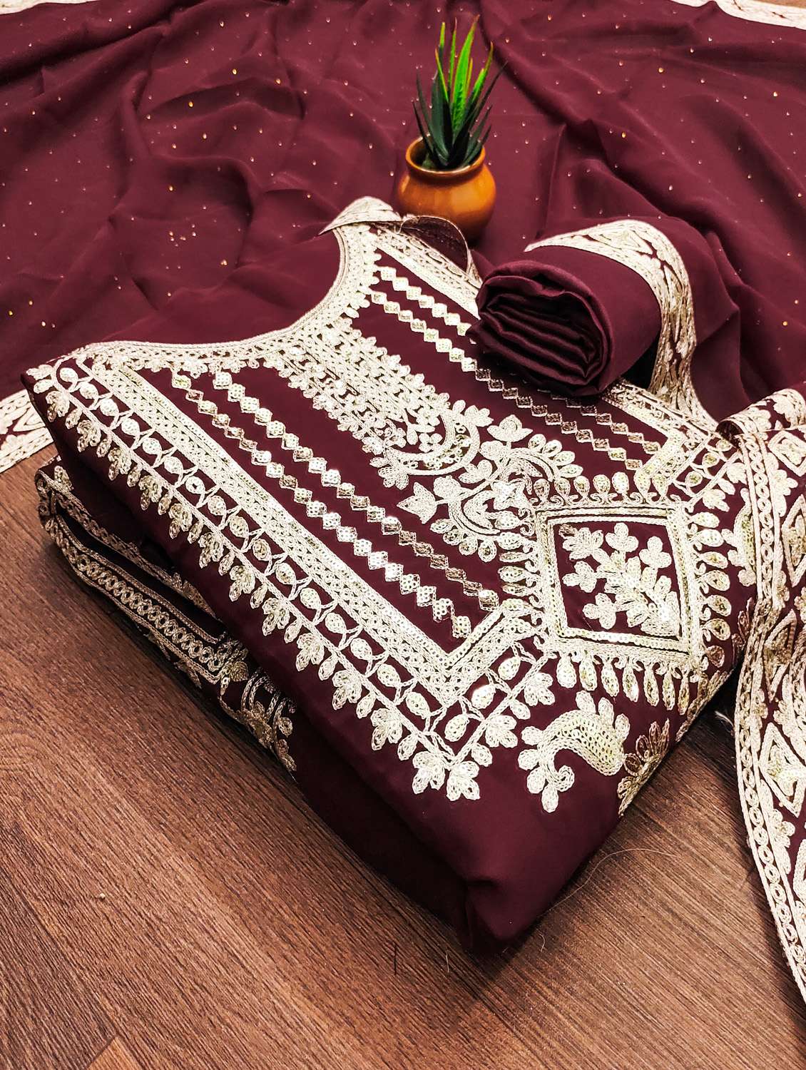 women solid with work unstitched suit set