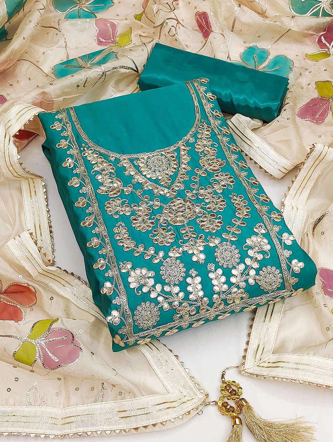 women solid with work unstitched suit set