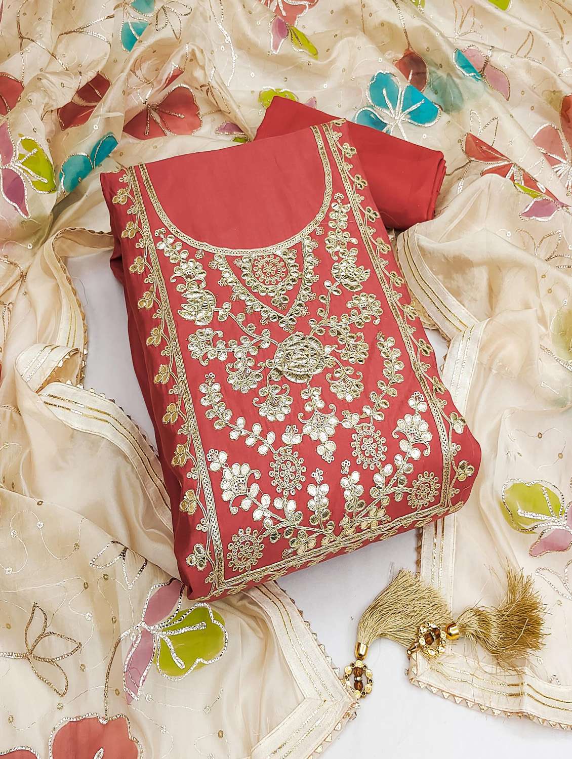 women solid with work unstitched suit set