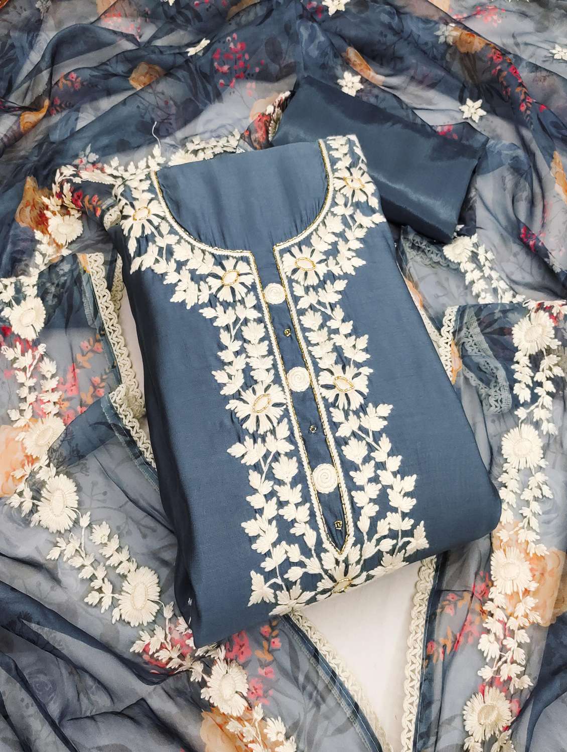 women solid with work unstitched suit set