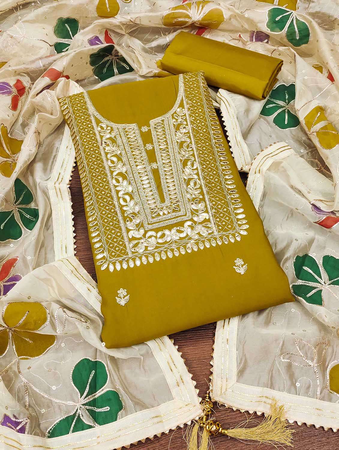 women solid with work unstitched suit set