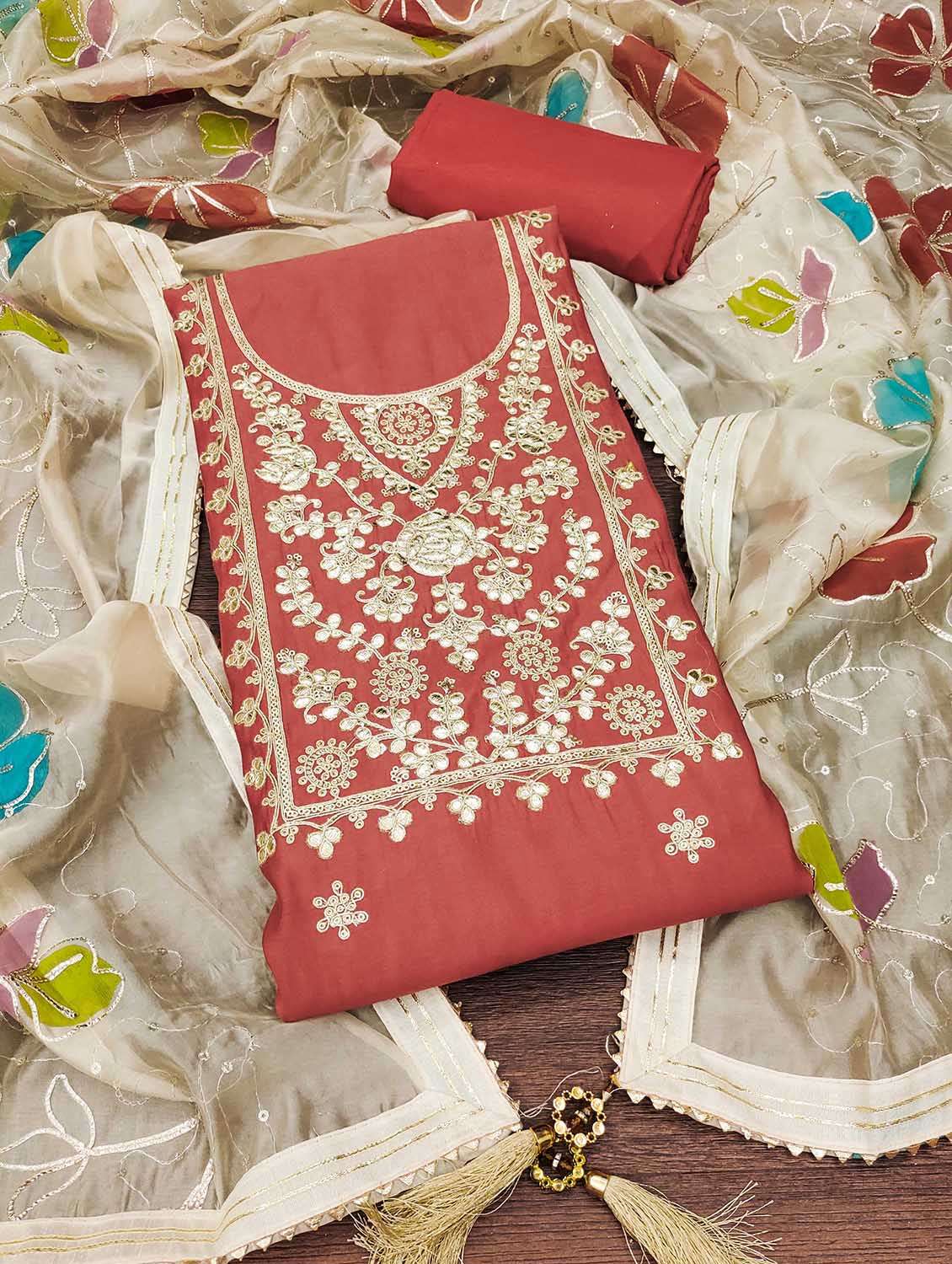 women solid with work unstitched suit set