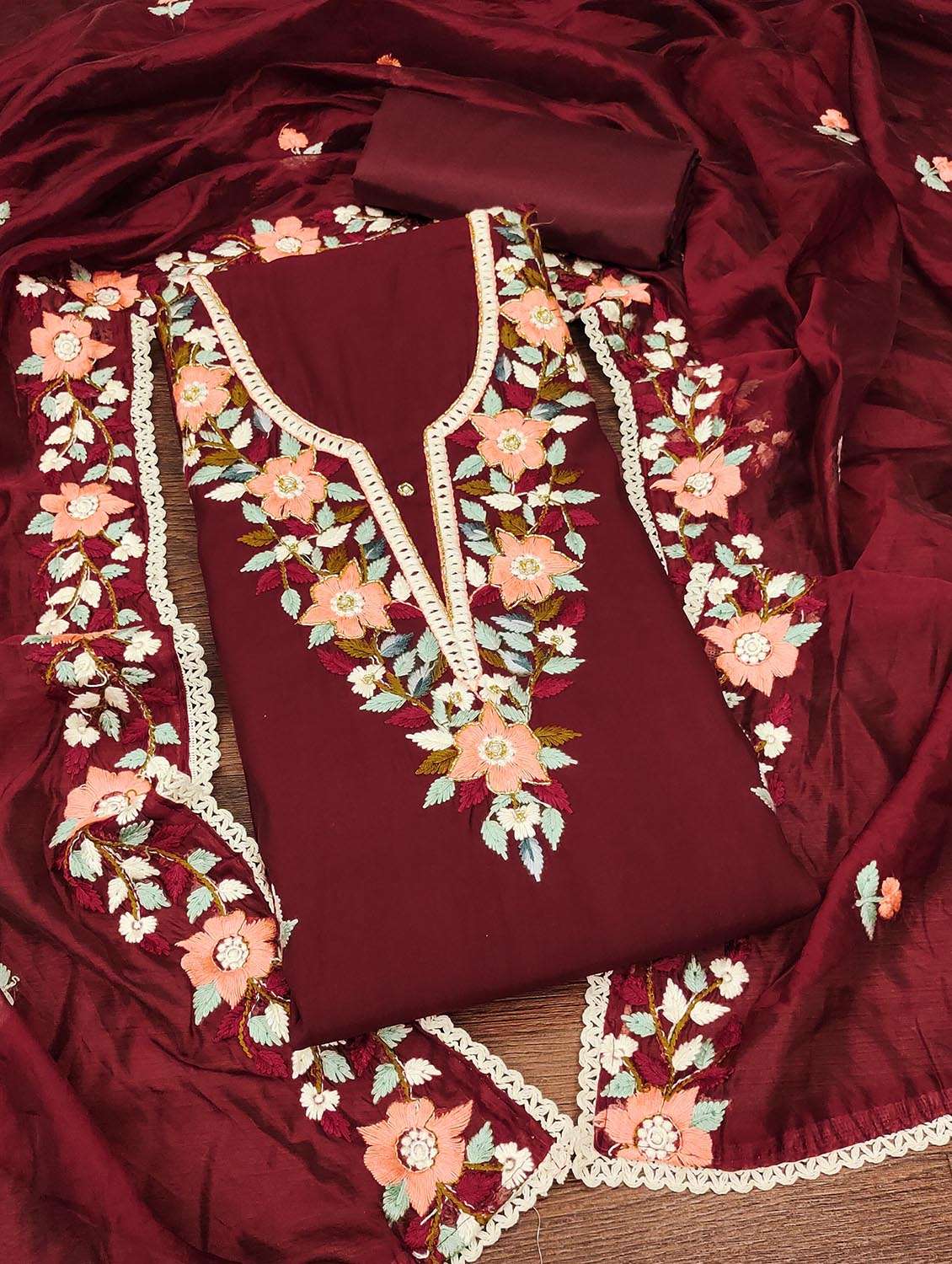 women solid with work unstitched suit set