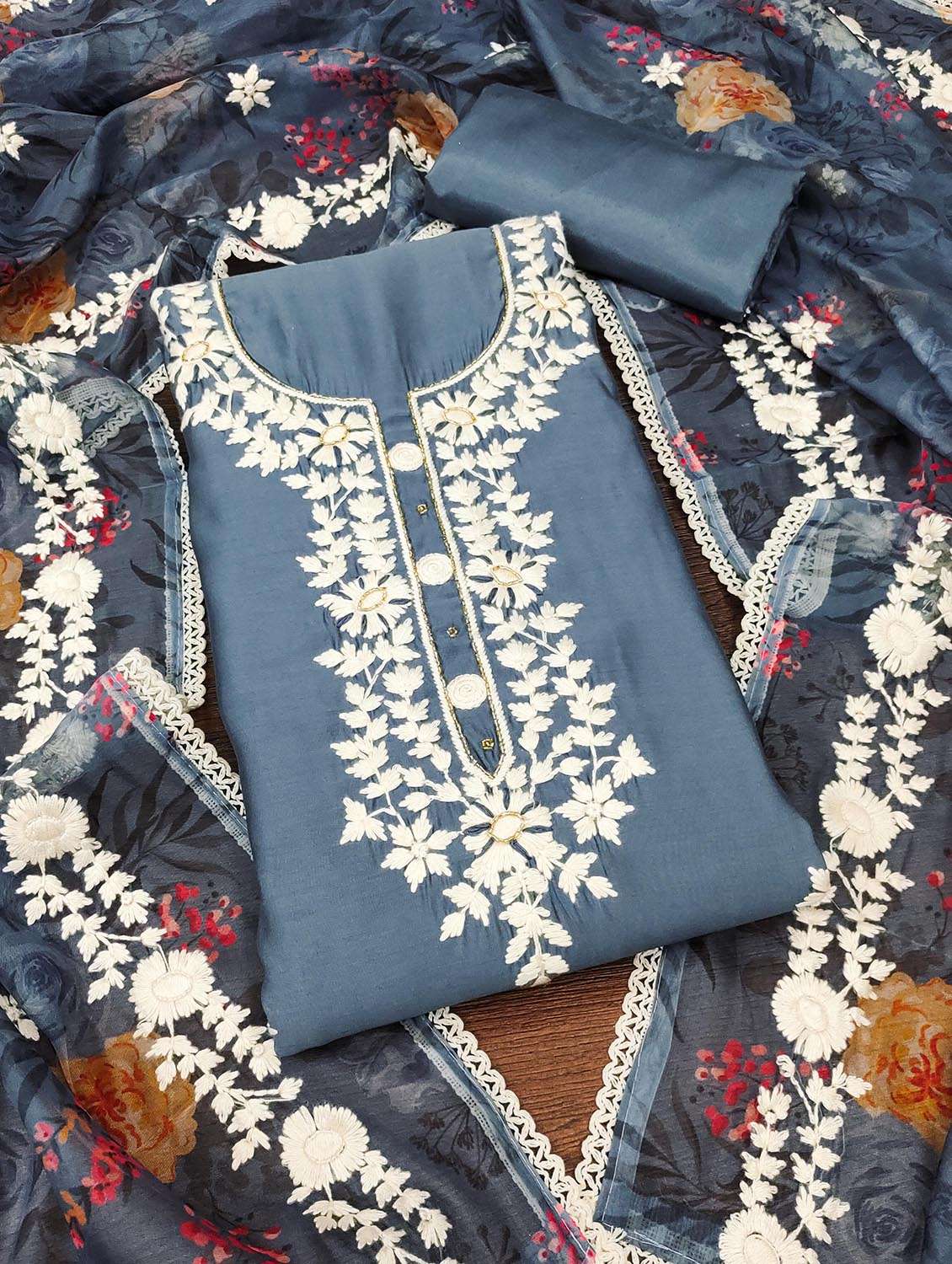 women solid with work unstitched suit set