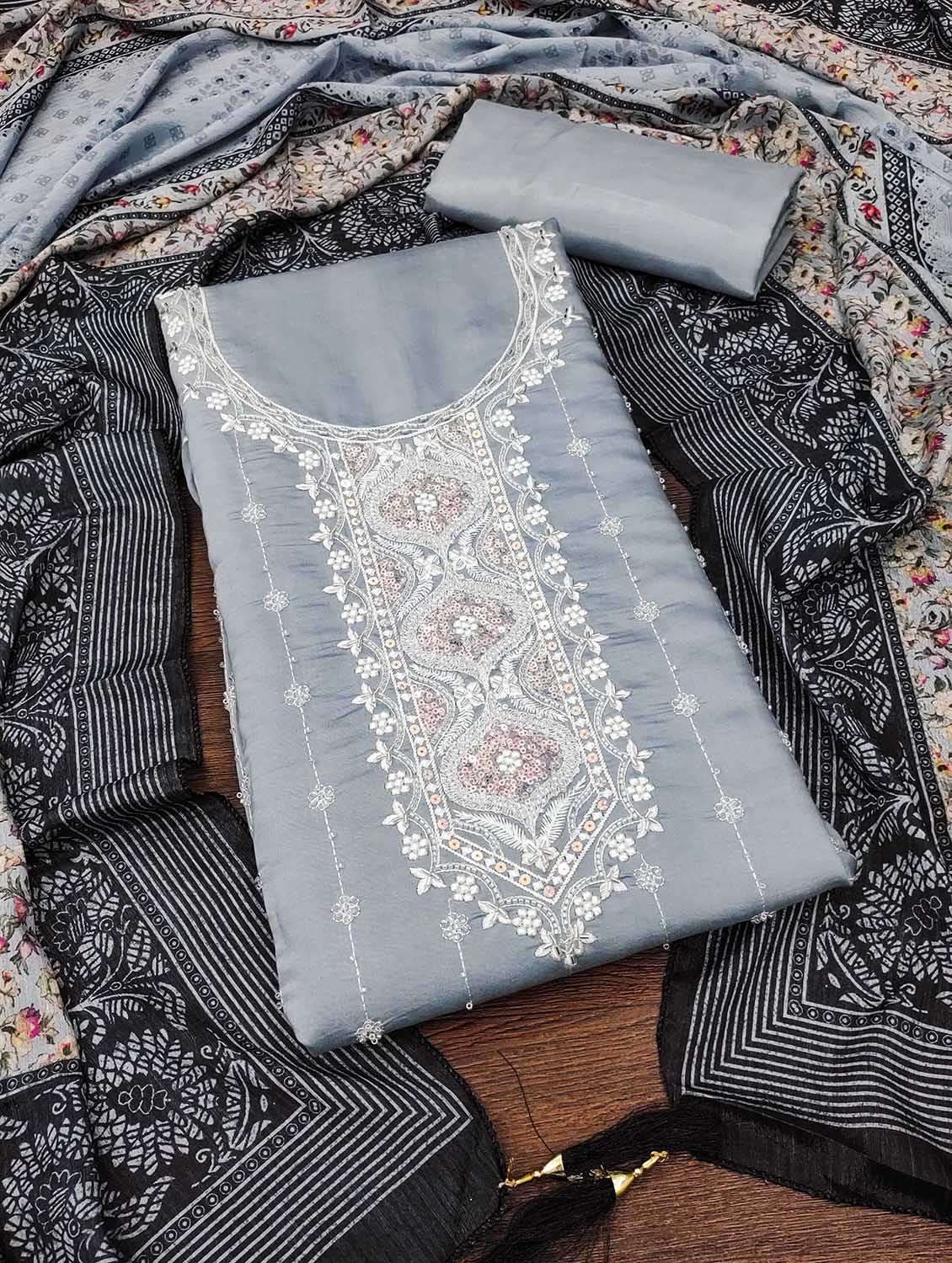 women solid with work unstitched suit set