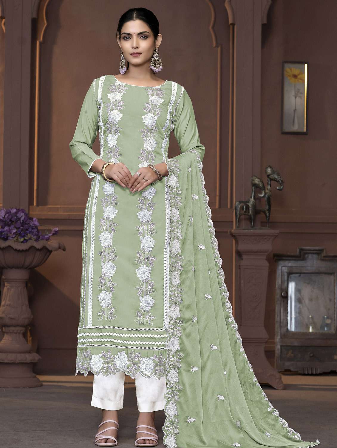 women solid with work unstitched suit set