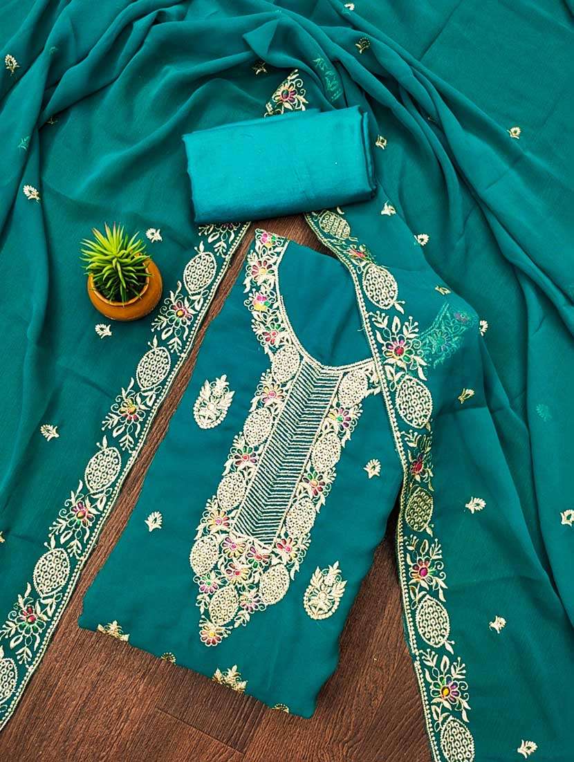 women solid with work unstitched suit set