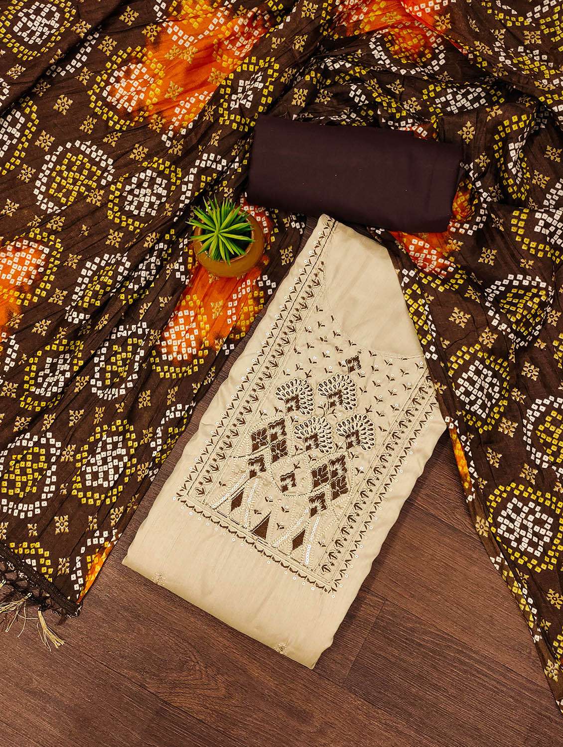 women solid with work unstitched suit set