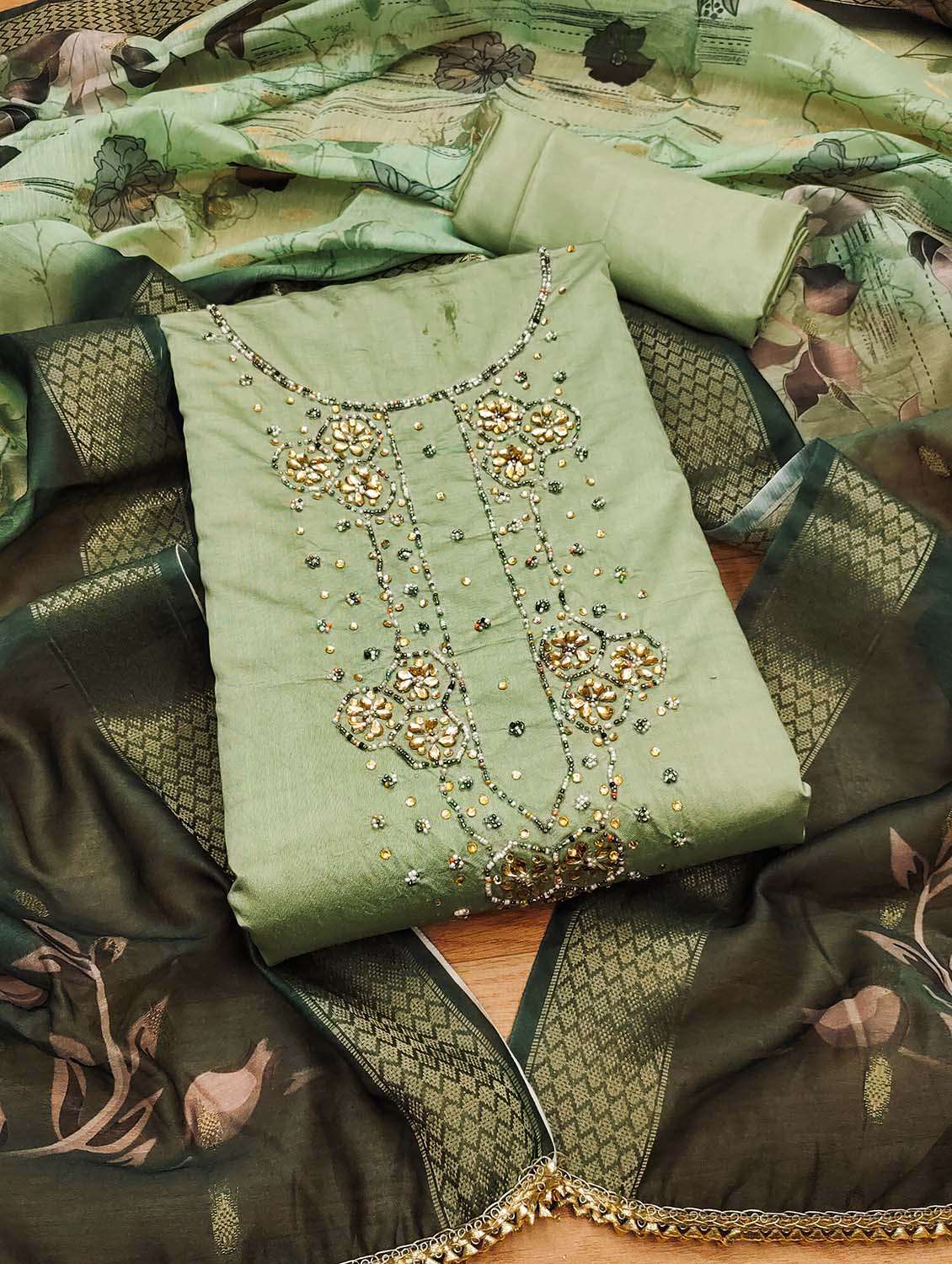 women solid with work unstitched suit set