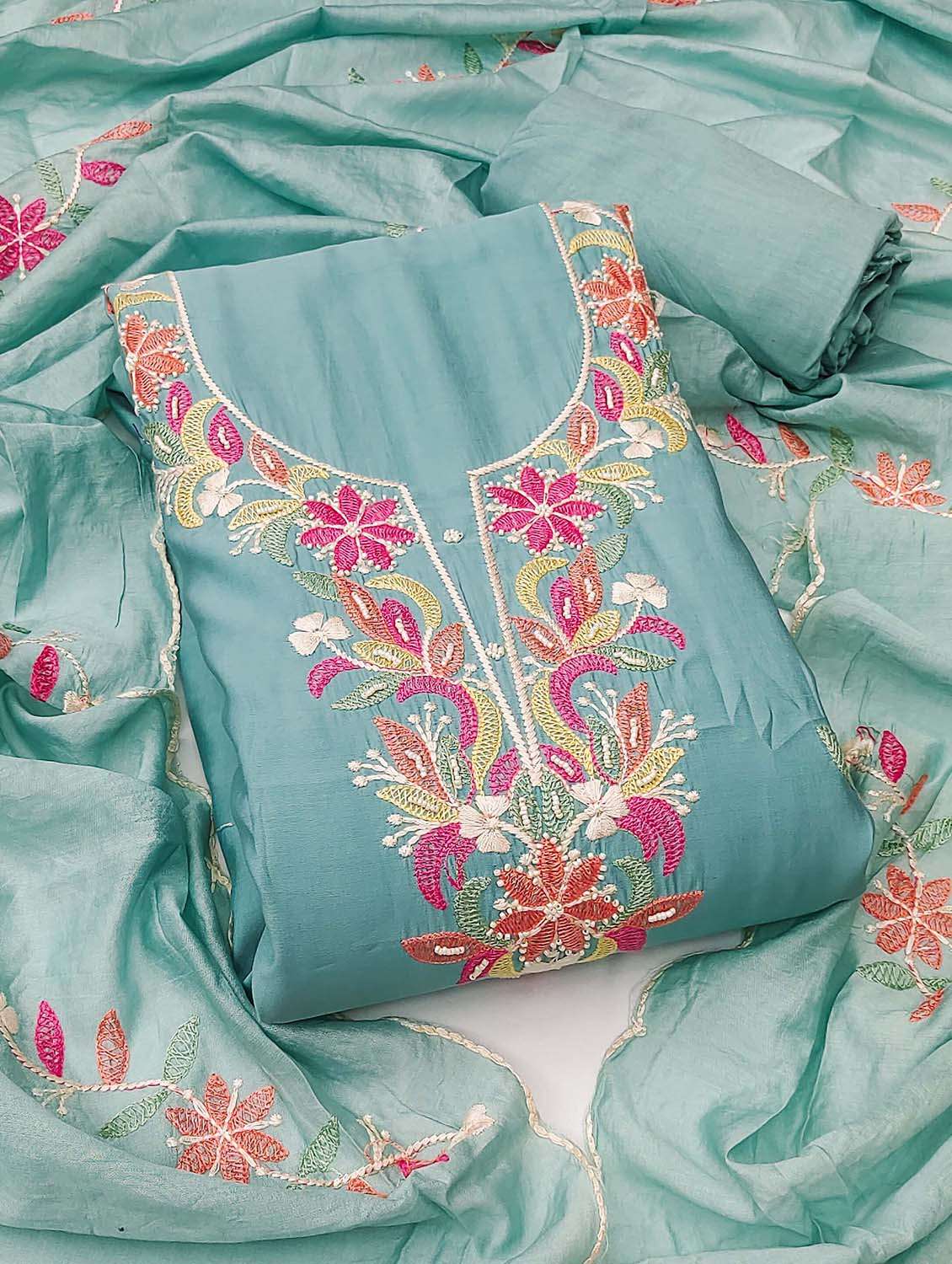 women solid with work unstitched suit set