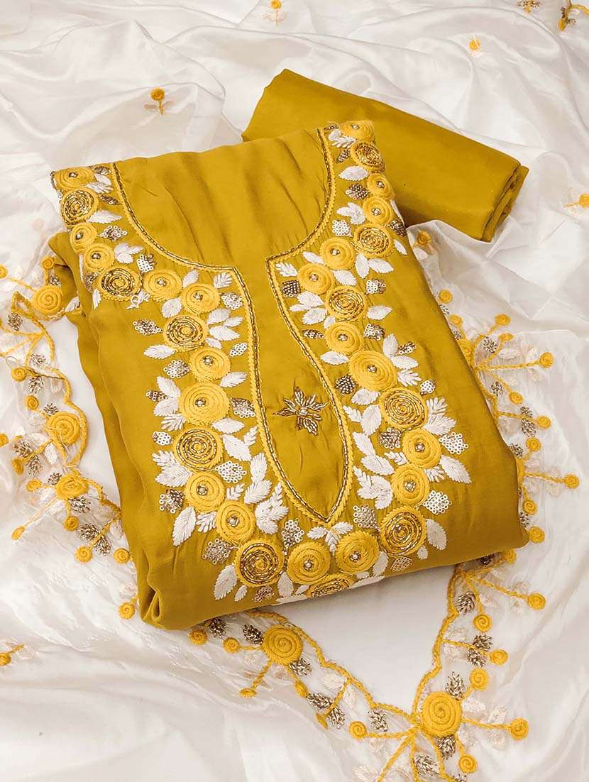 women solid with work unstitched suit set