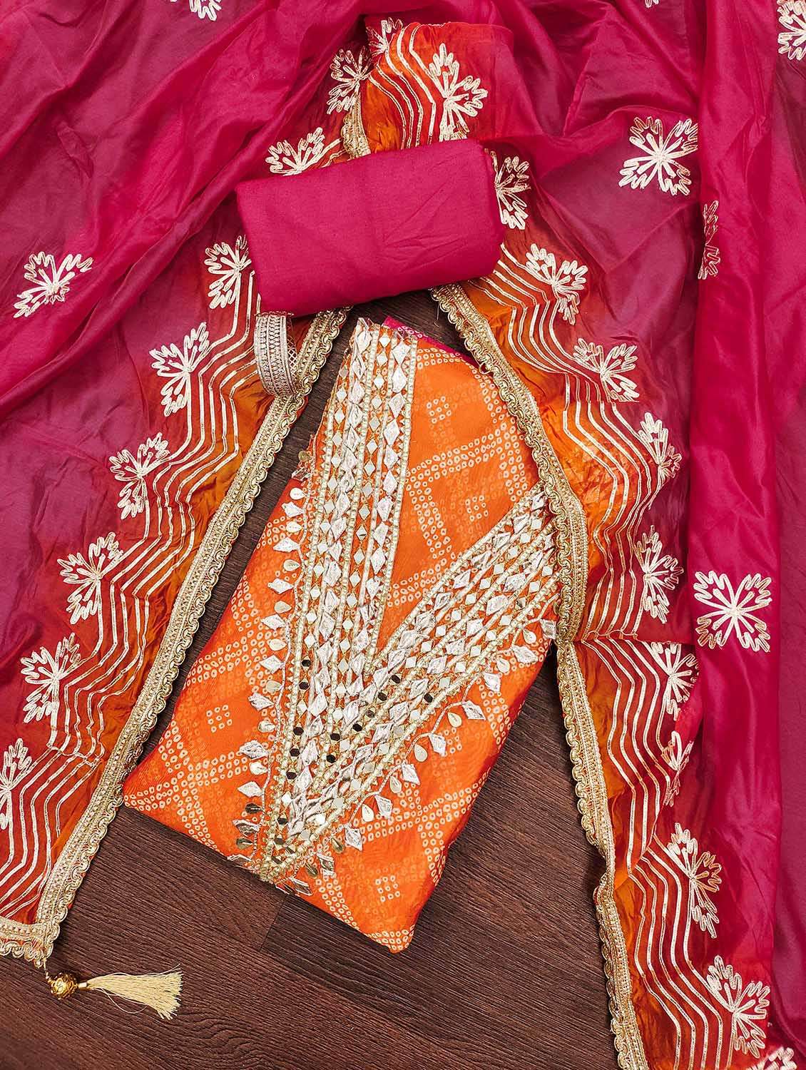 women bandhani printed unstitched suit set