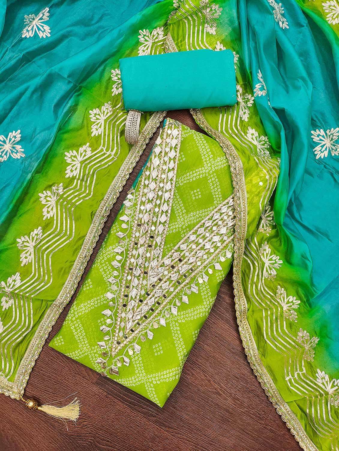 women bandhani printed unstitched suit set