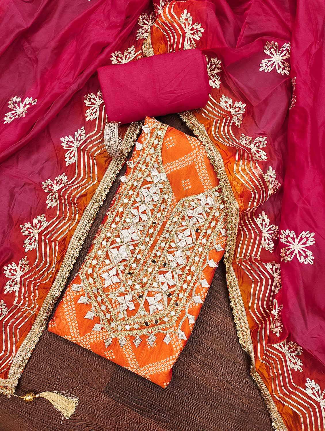 women bandhani printed unstitched suit set