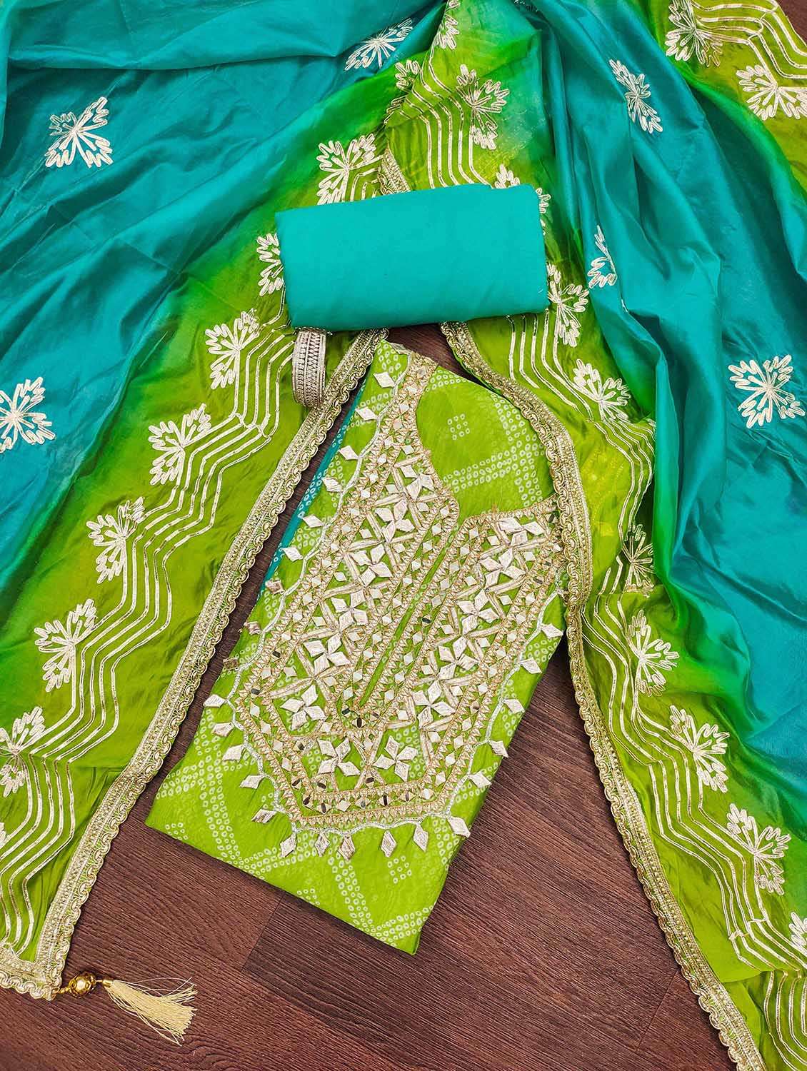 women bandhani printed unstitched suit set