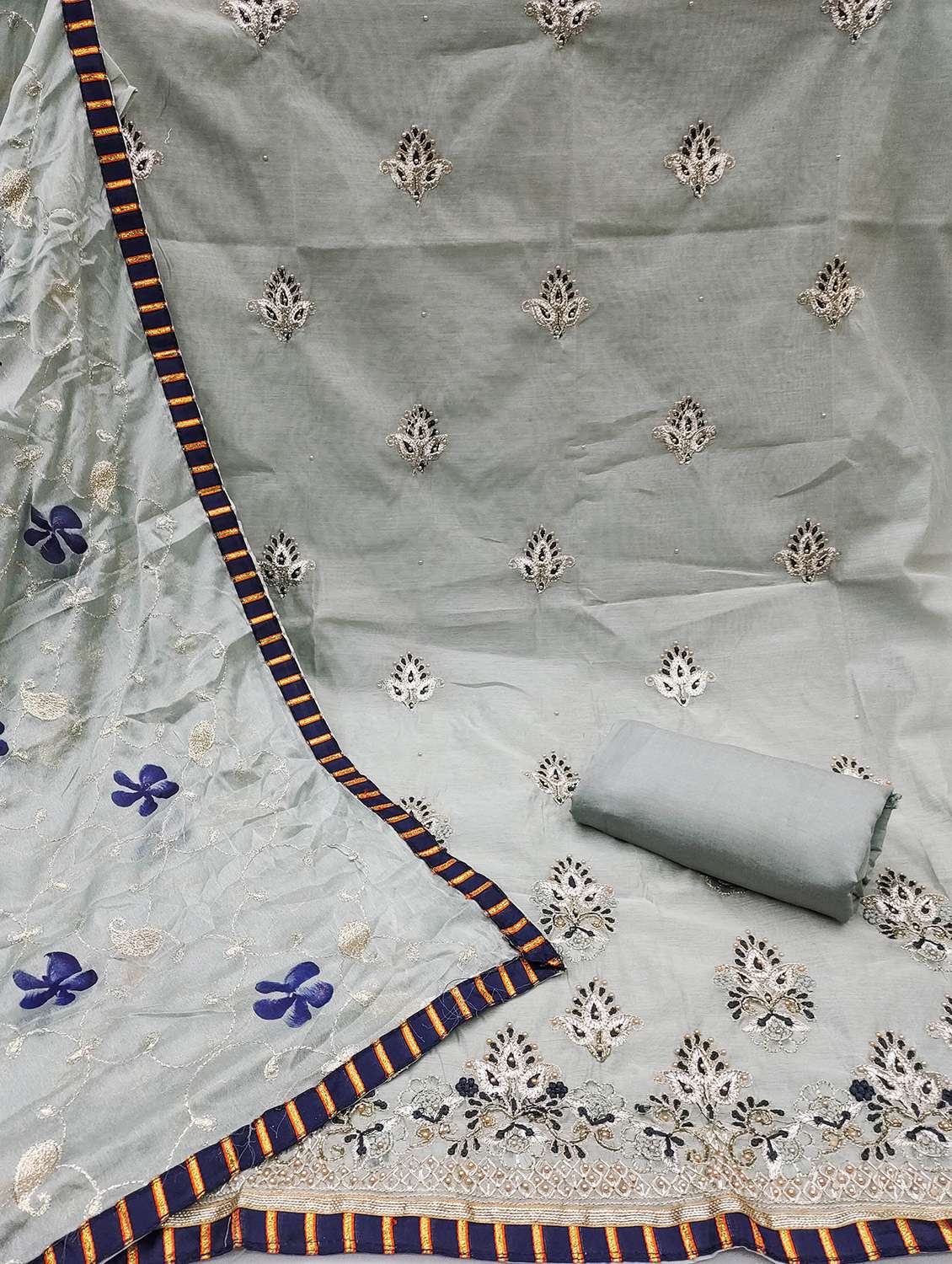 Women Solid With Work Unstitched Suit Set - 22422143 -  Standard Image - 3