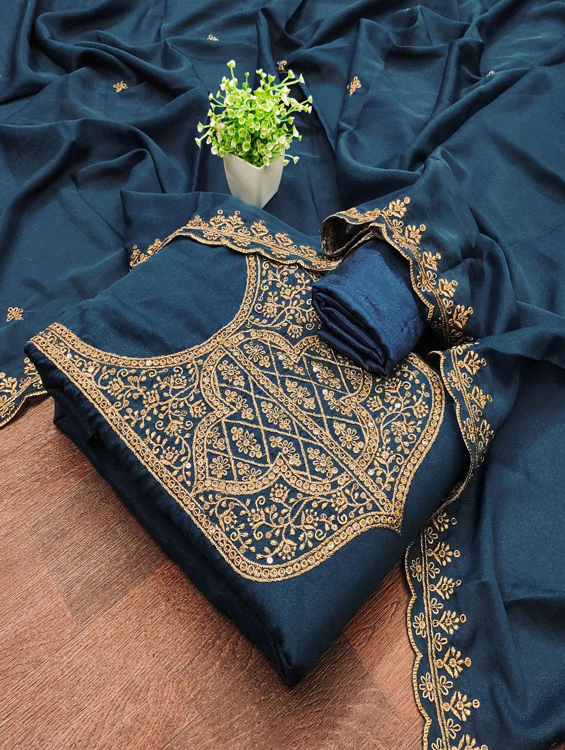 women solid with work unstitched suit set