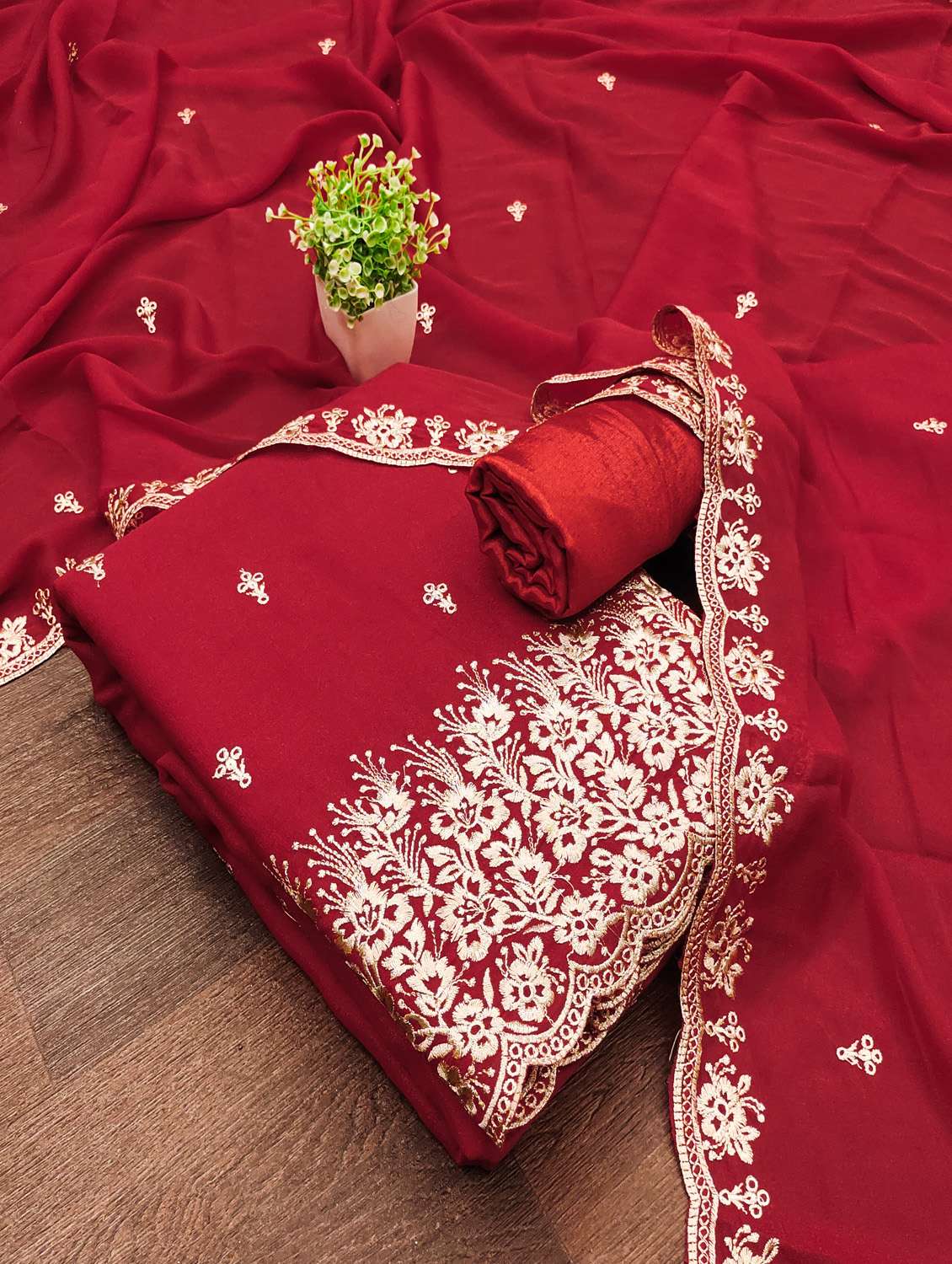 women solid with work unstitched suit set