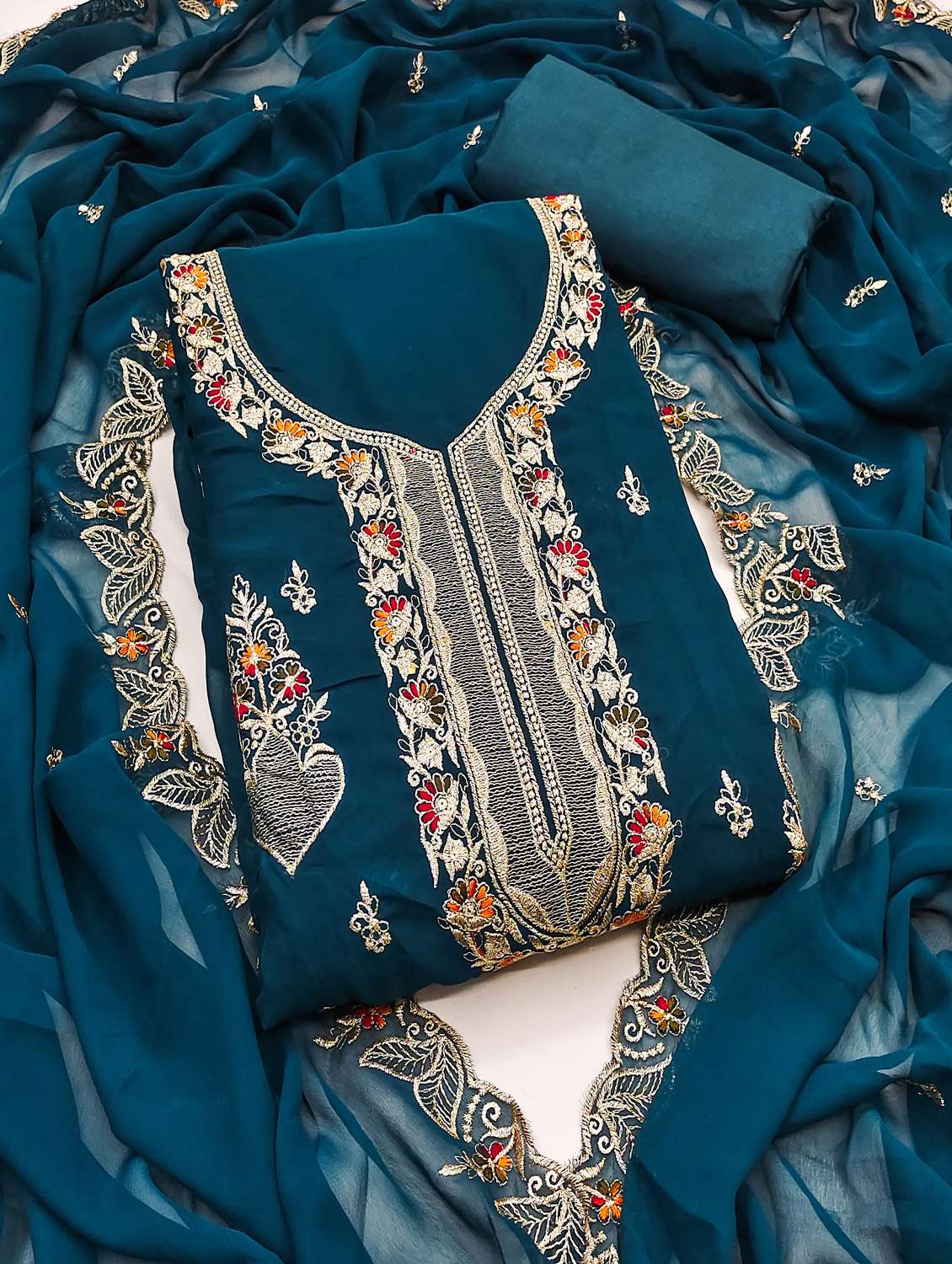 women solid with work unstitched suit set