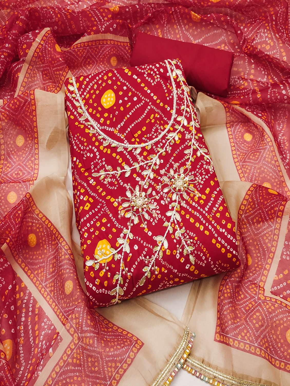 women bandhani printed unstitched suit set