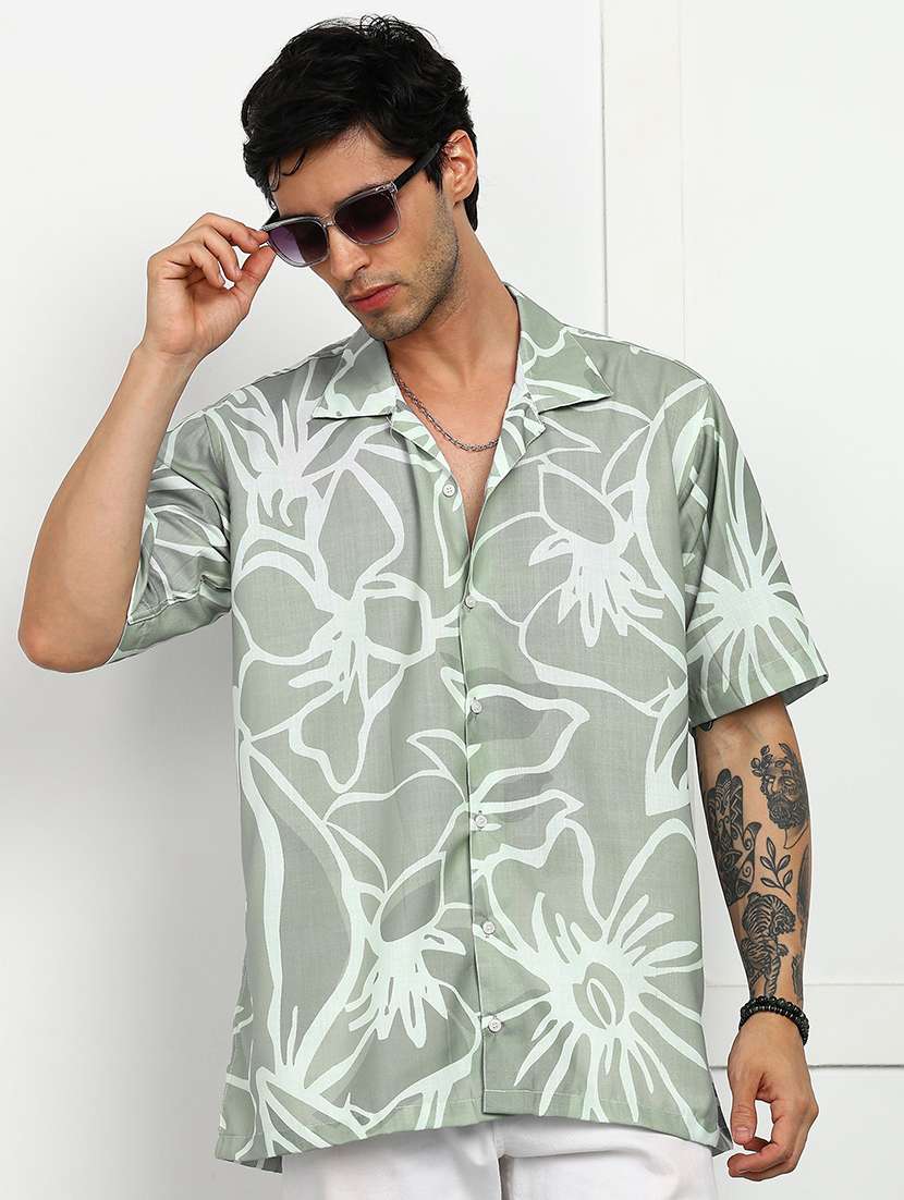 men floral printed short sleeve loose fit casual shirt