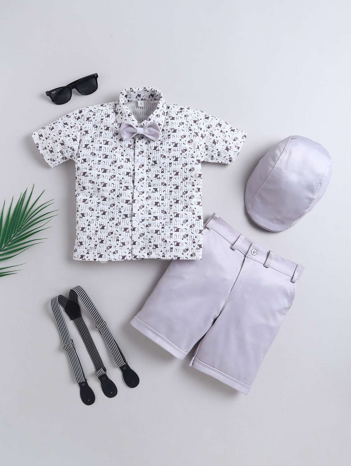 boys printed shirt and suspender shorts set