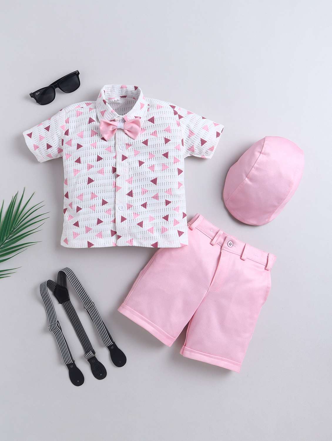 boys printed shirt and suspender shorts set