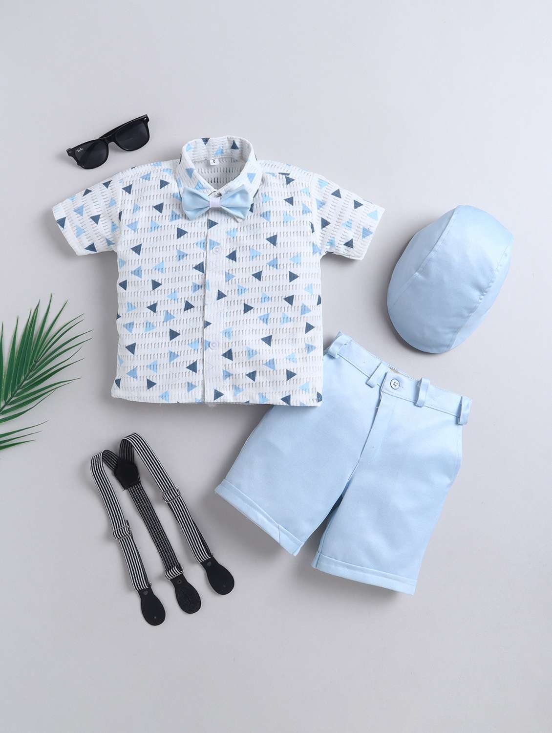 boys printed shirt and suspender shorts set