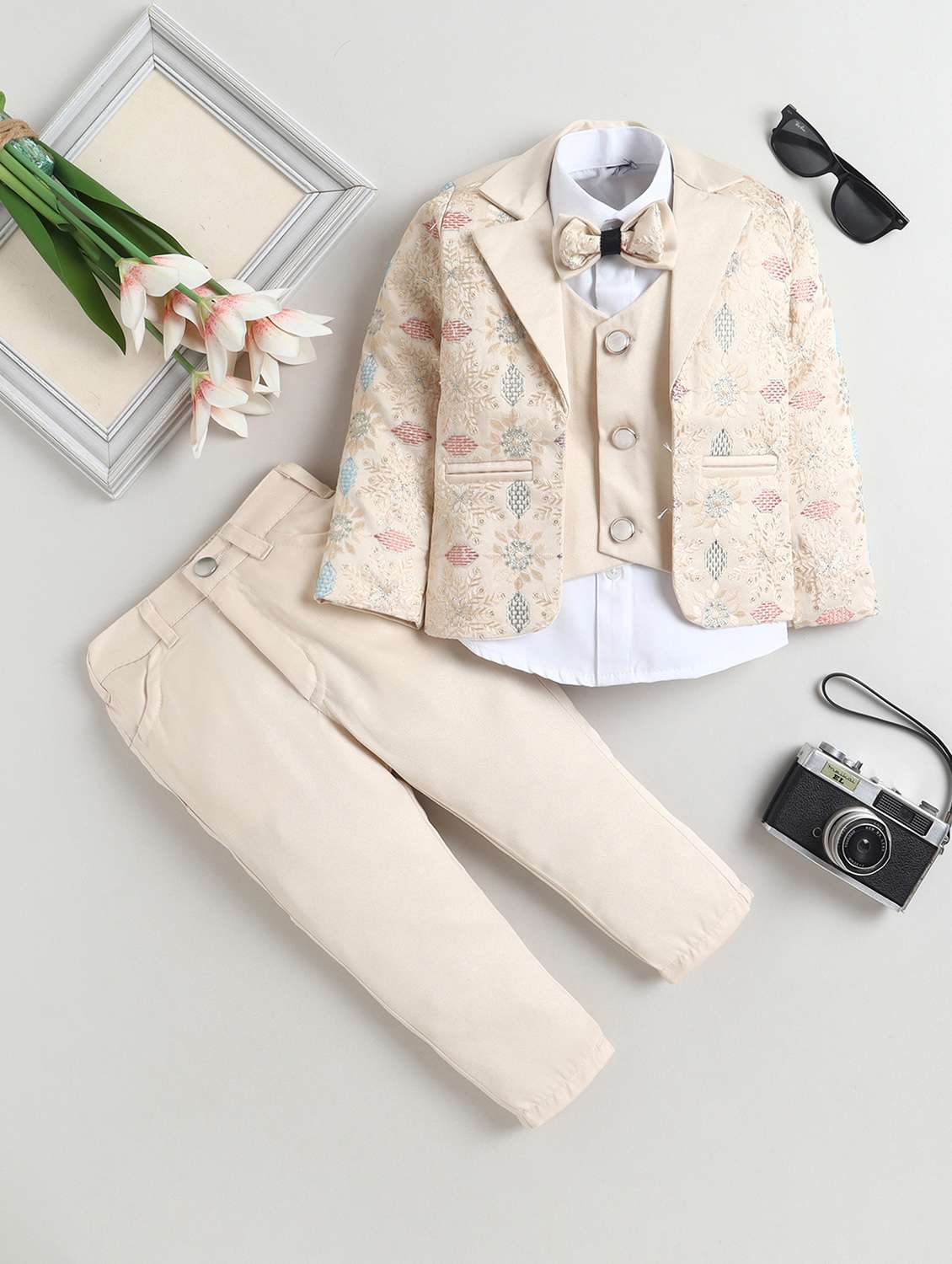 boys embroidered blazer and trouser set with shirt