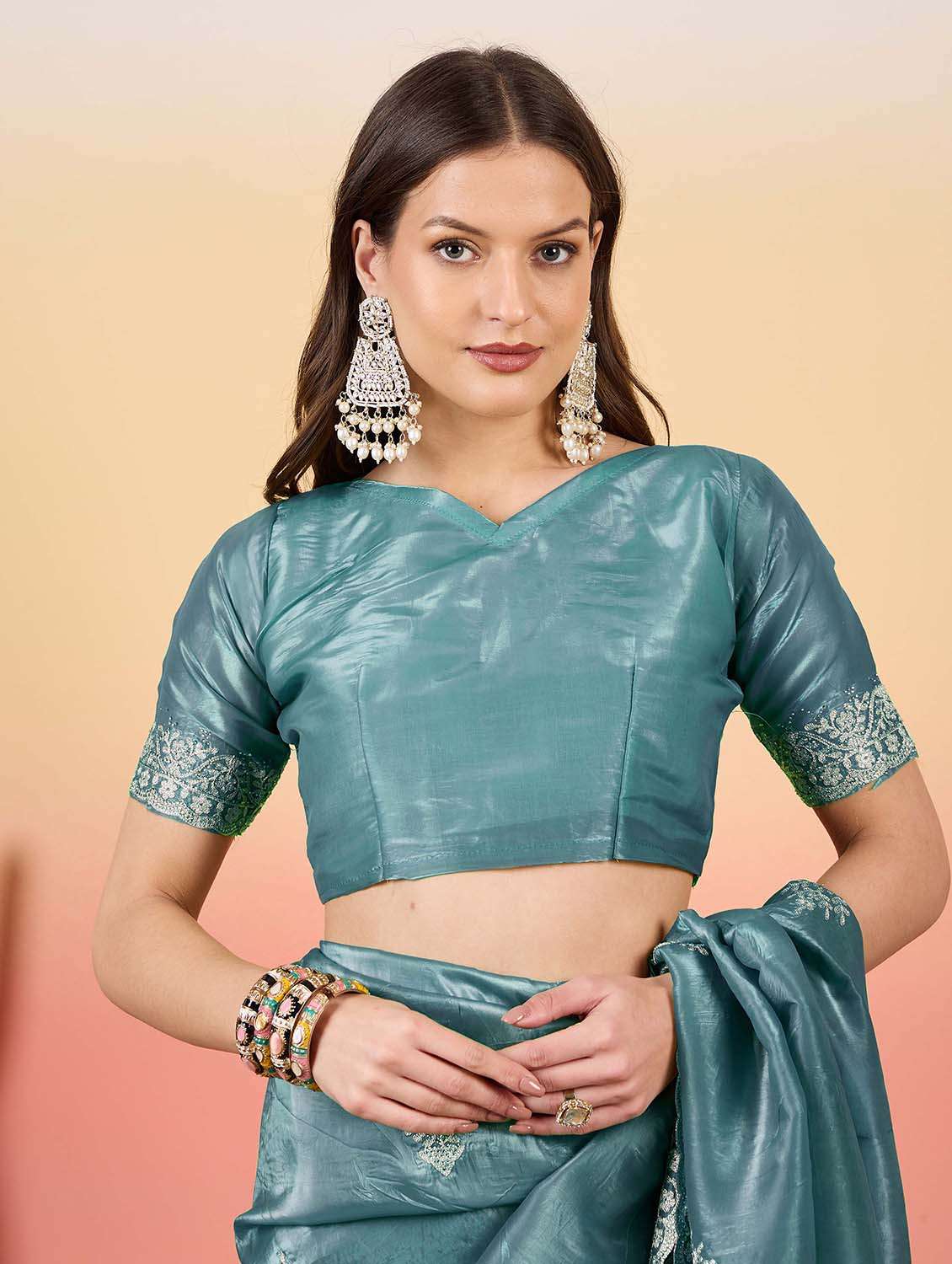 women solid with work embroidered saree with blouse - 22424697 -  Standard Image - 5