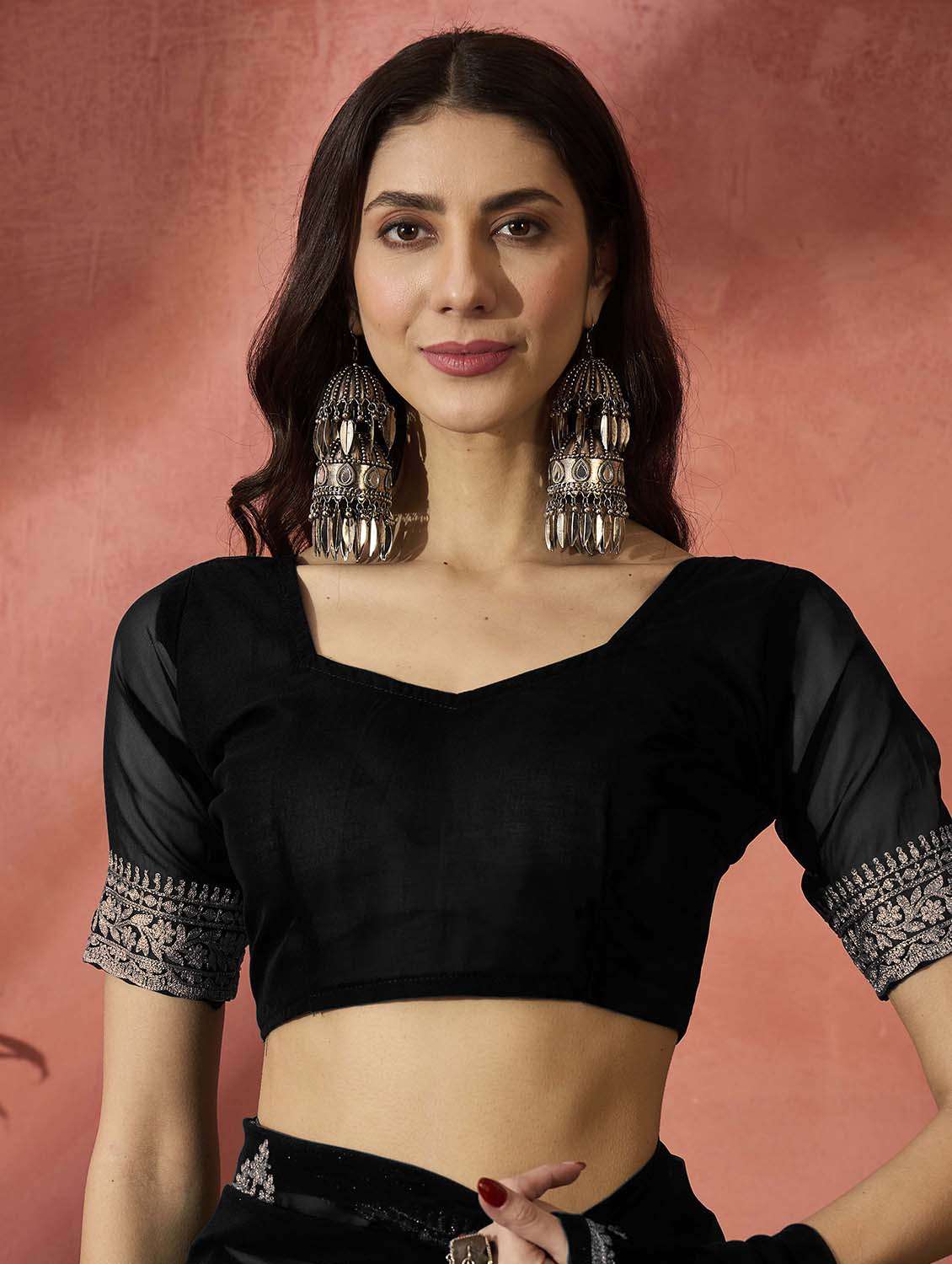 women solid with work embroidered saree with blouse - 22424703 -  Standard Image - 5