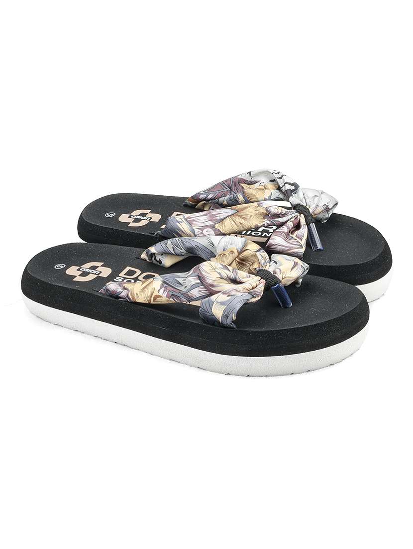 black fabric slippers flip flops