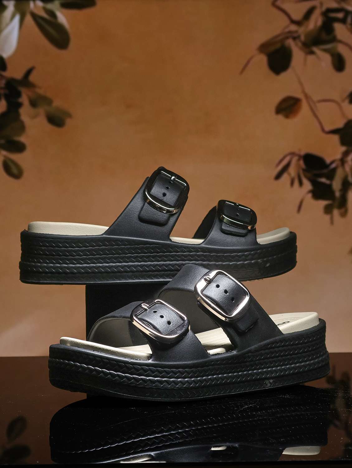 women black solid slip on slides