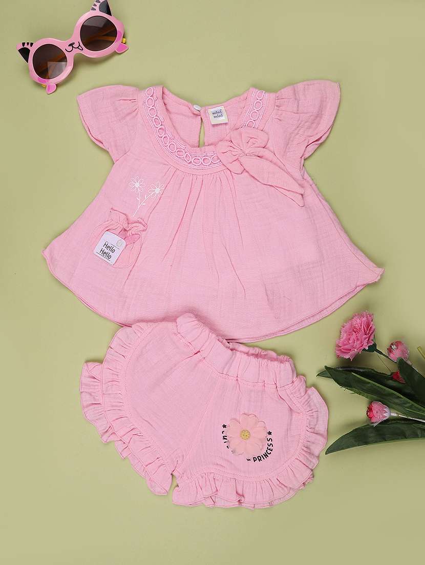 girls solid short sleeves top and shorts set