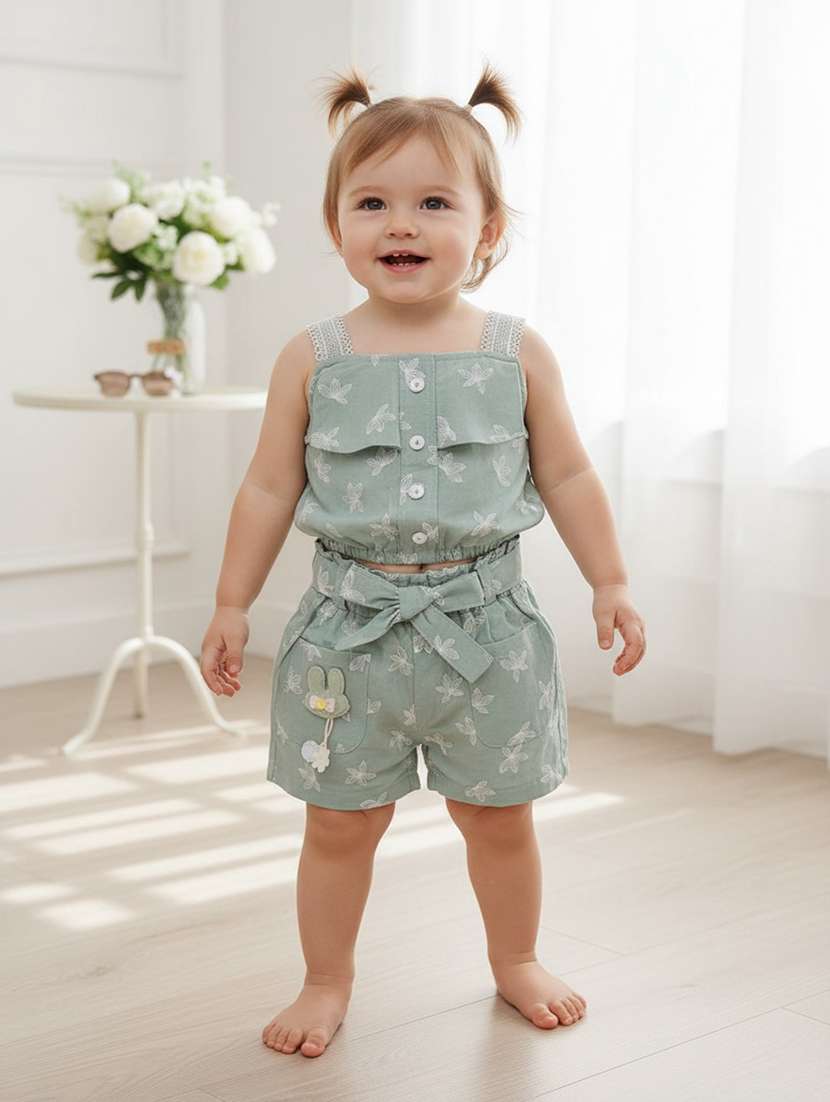 girls printed sleeveless top and short set