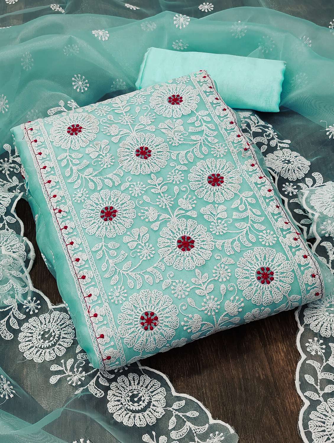 women solid with work unstitched suit set