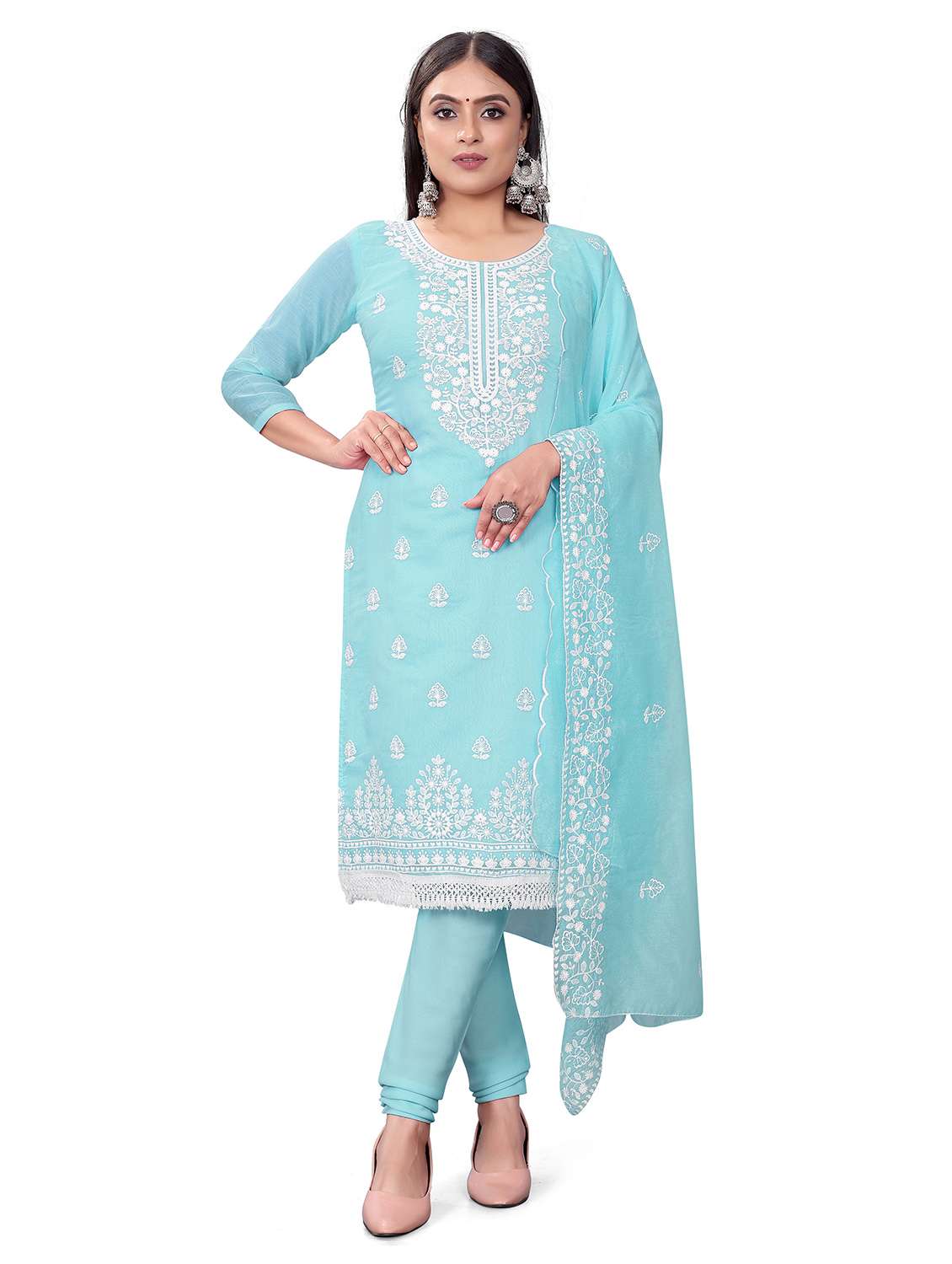 women solid with work unstitched suit set