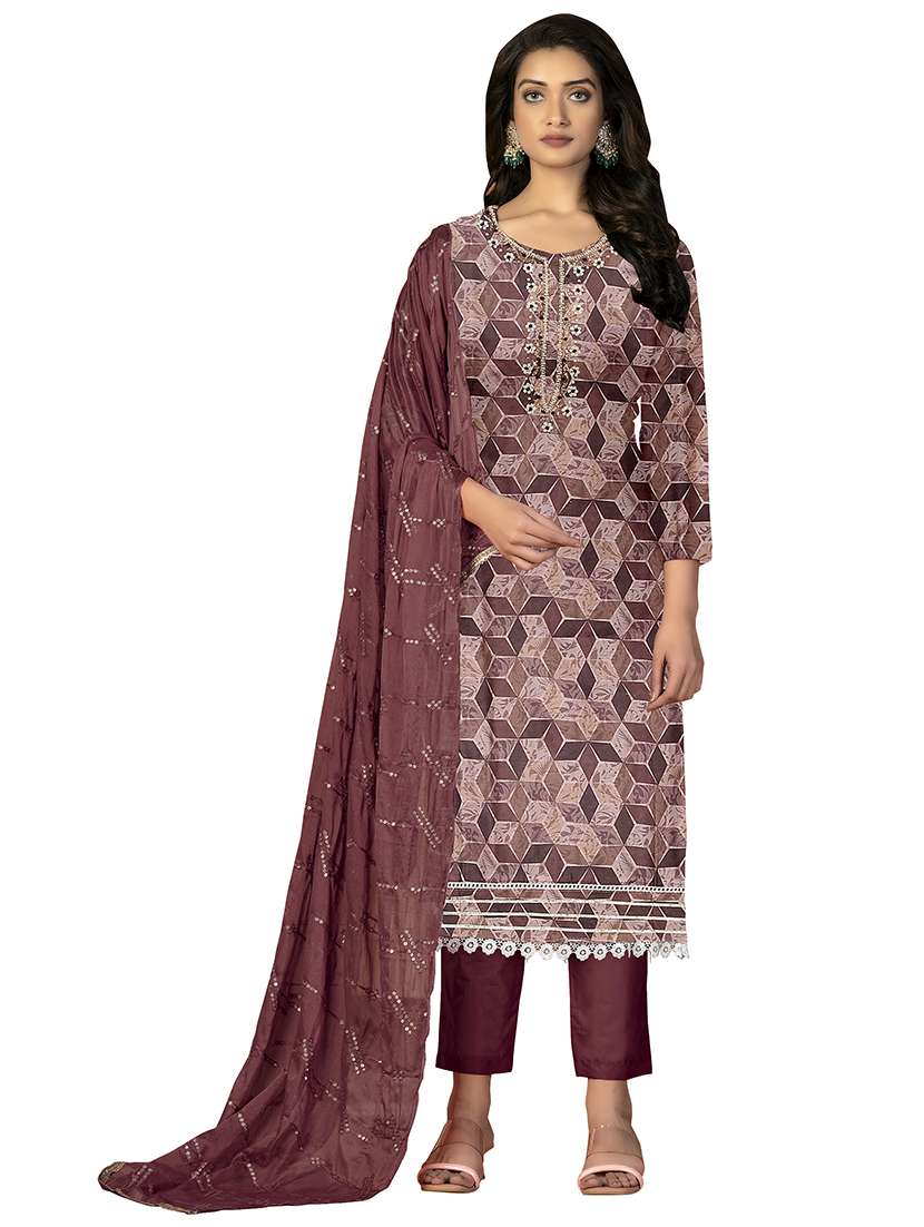 women geometric printed unstitched suit set