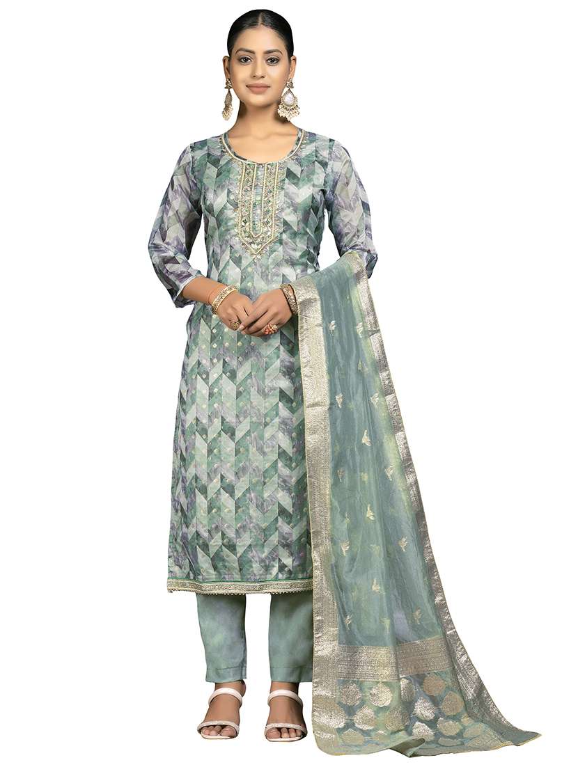 women geometric printed unstitched suit set