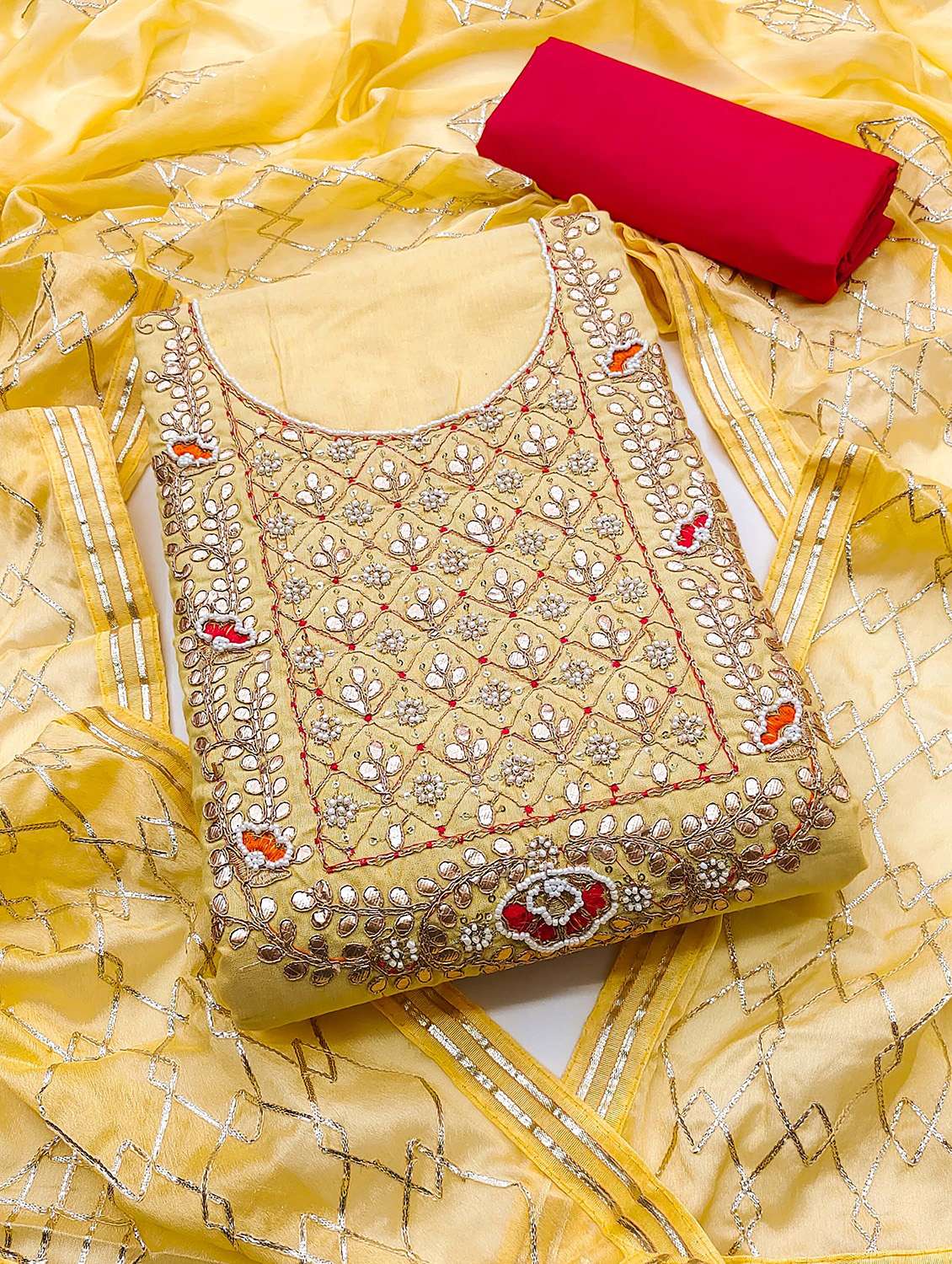 women solid with work unstitched suit set